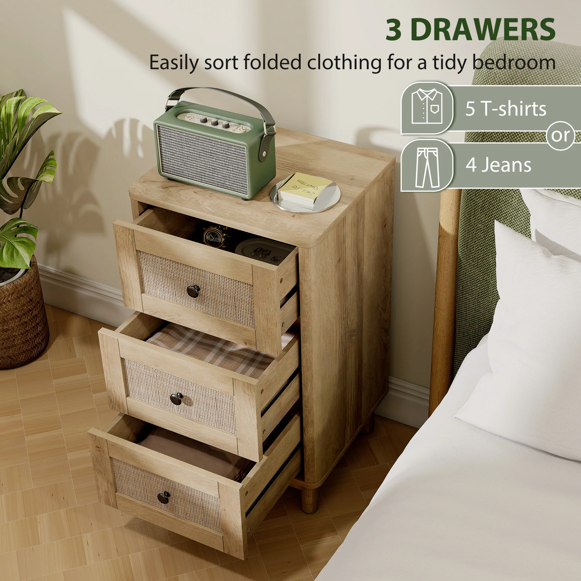HOMCOM 3 Drawer Chest Of Drawers, Storage Unit For Living Room, Oak - Image 3