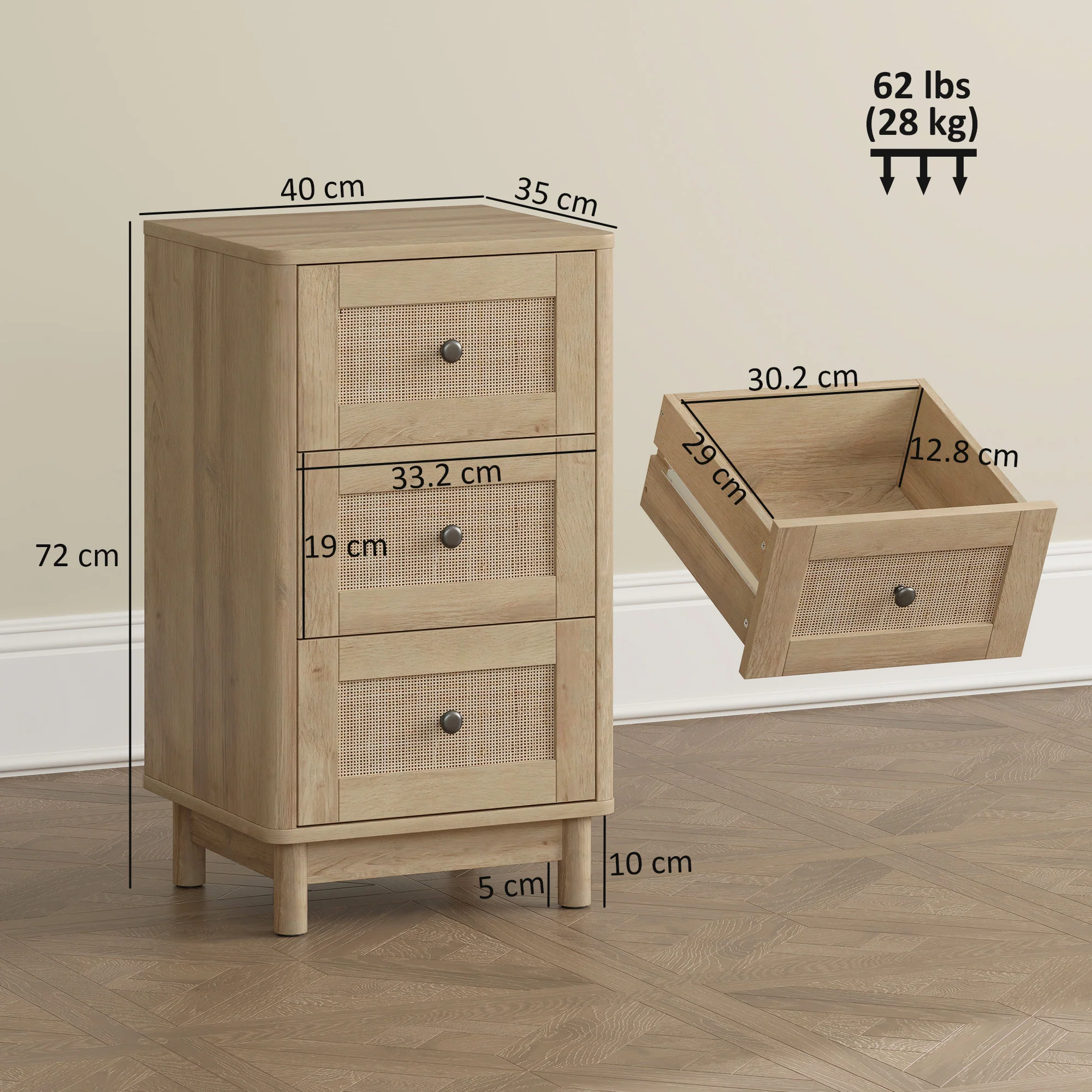 HOMCOM 3 Drawer Chest Of Drawers, Storage Unit For Living Room, Oak - Image 5