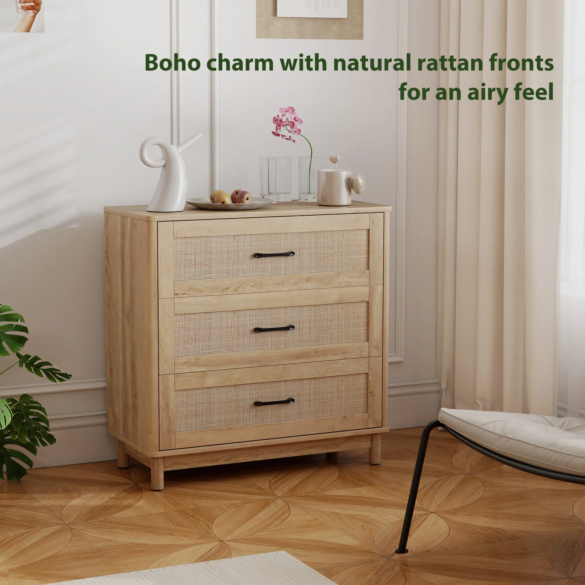 HOMCOM 3 Drawer Chest Of Drawers, Wide Storage Unit For Living Room, Oak - Image 4