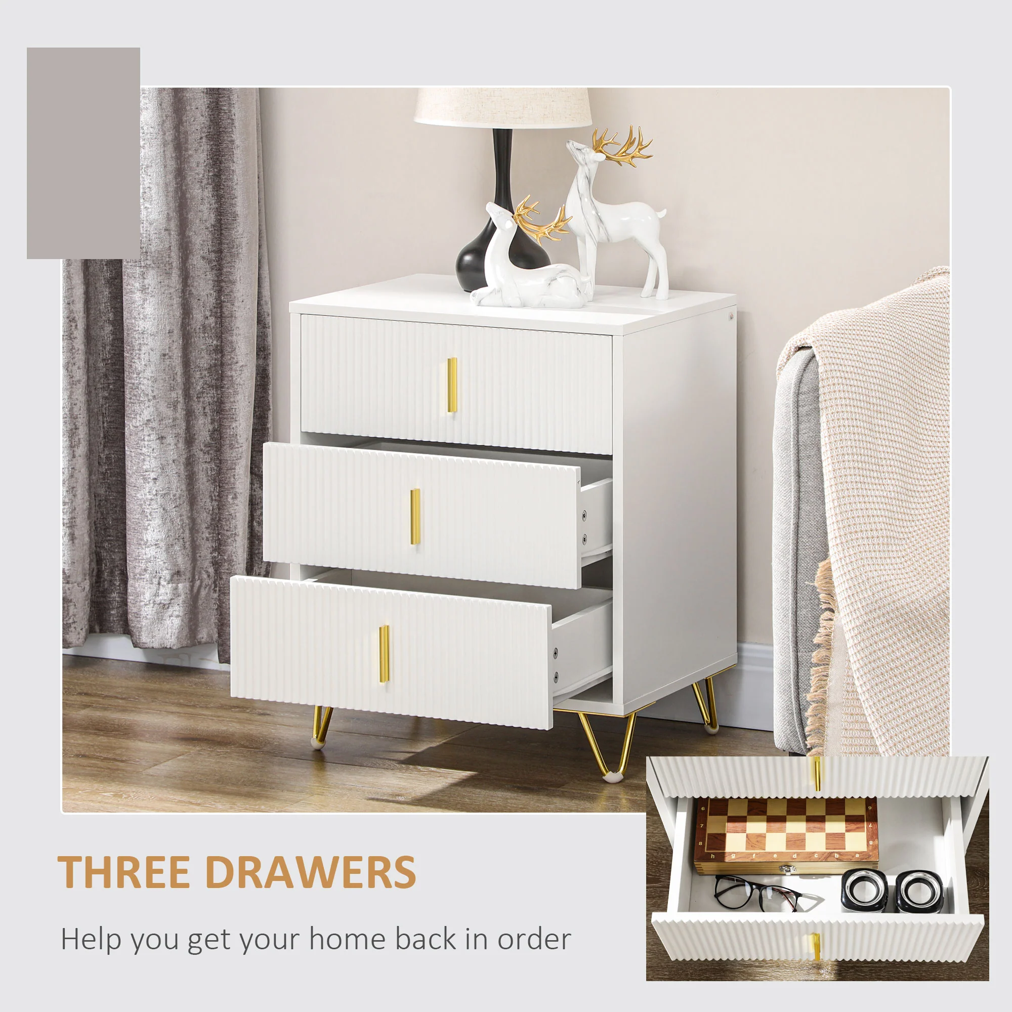 HOMCOM 3 Drawer Dresser, Chest of Drawers Storage Cabinet, White - Image 4