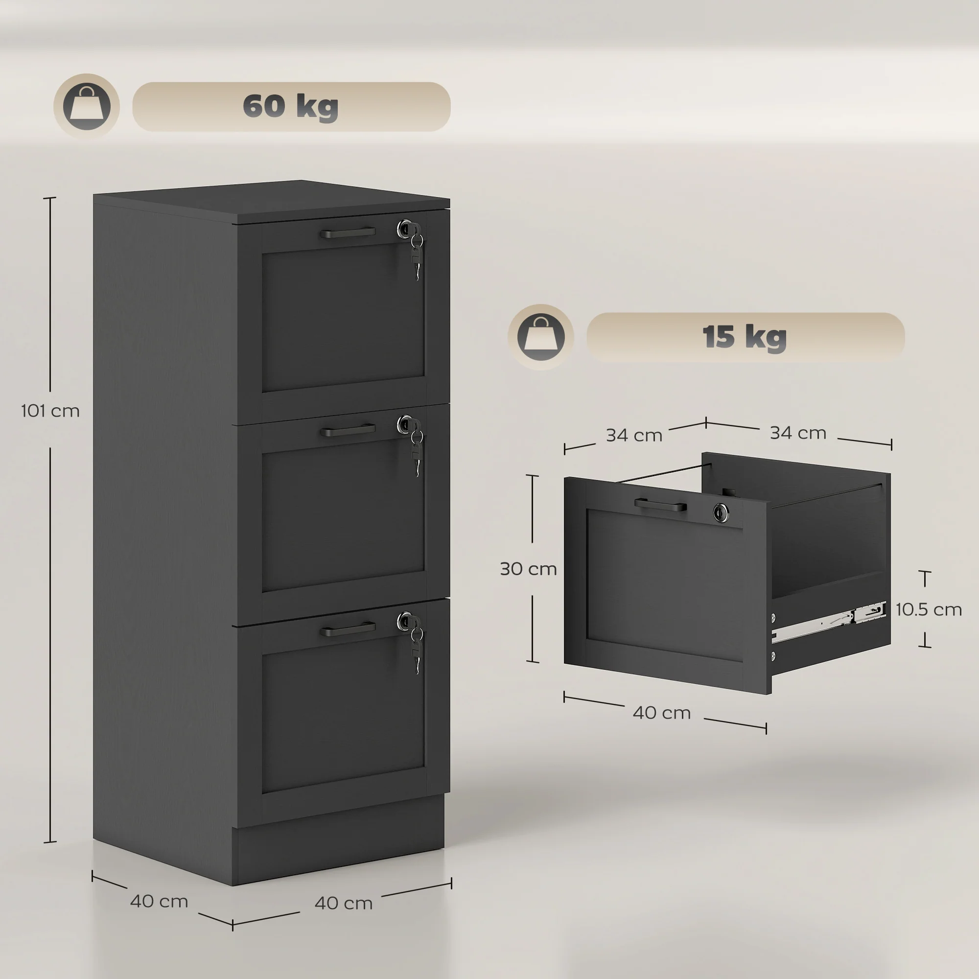 HOMCOM 3-Drawer File Cabinet, Lockable Filing Cabinet for A4 Letter, Black - Image 5