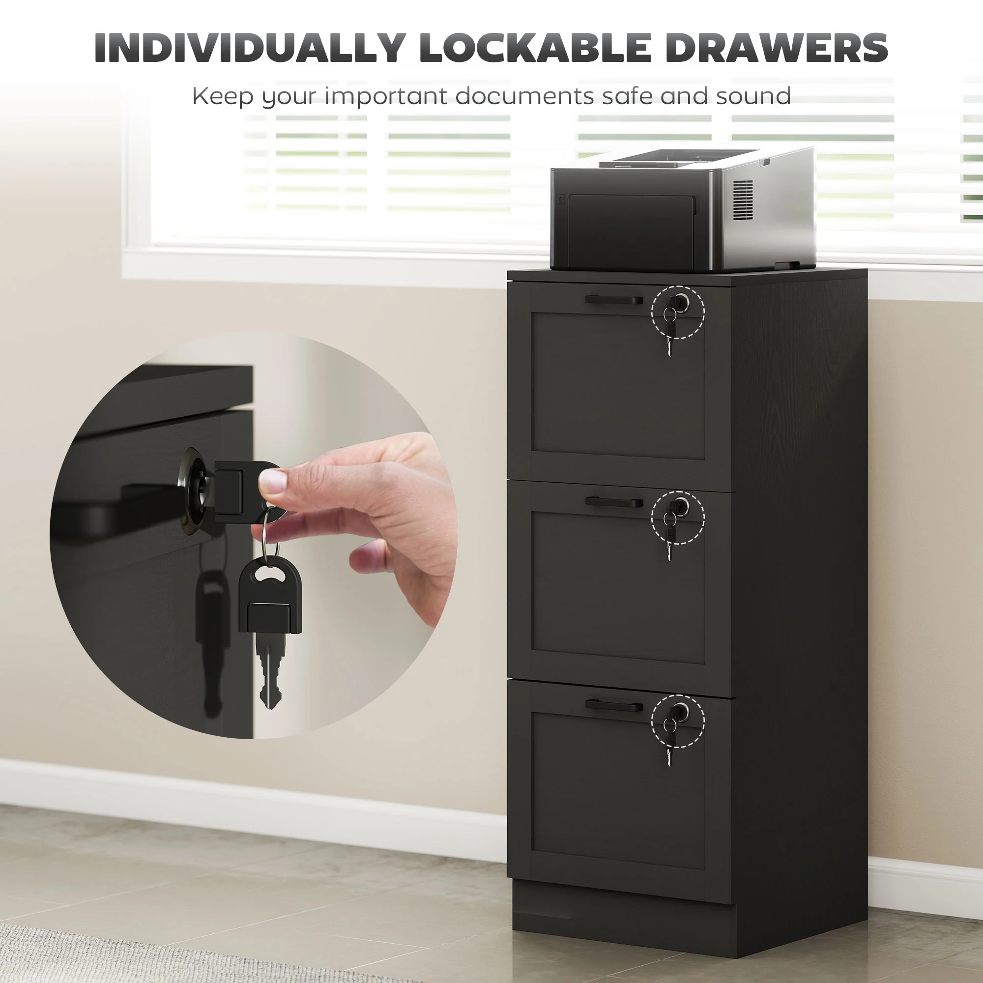 HOMCOM 3-Drawer File Cabinet, Lockable Filing Cabinet for A4 Letter, Black - Image 6