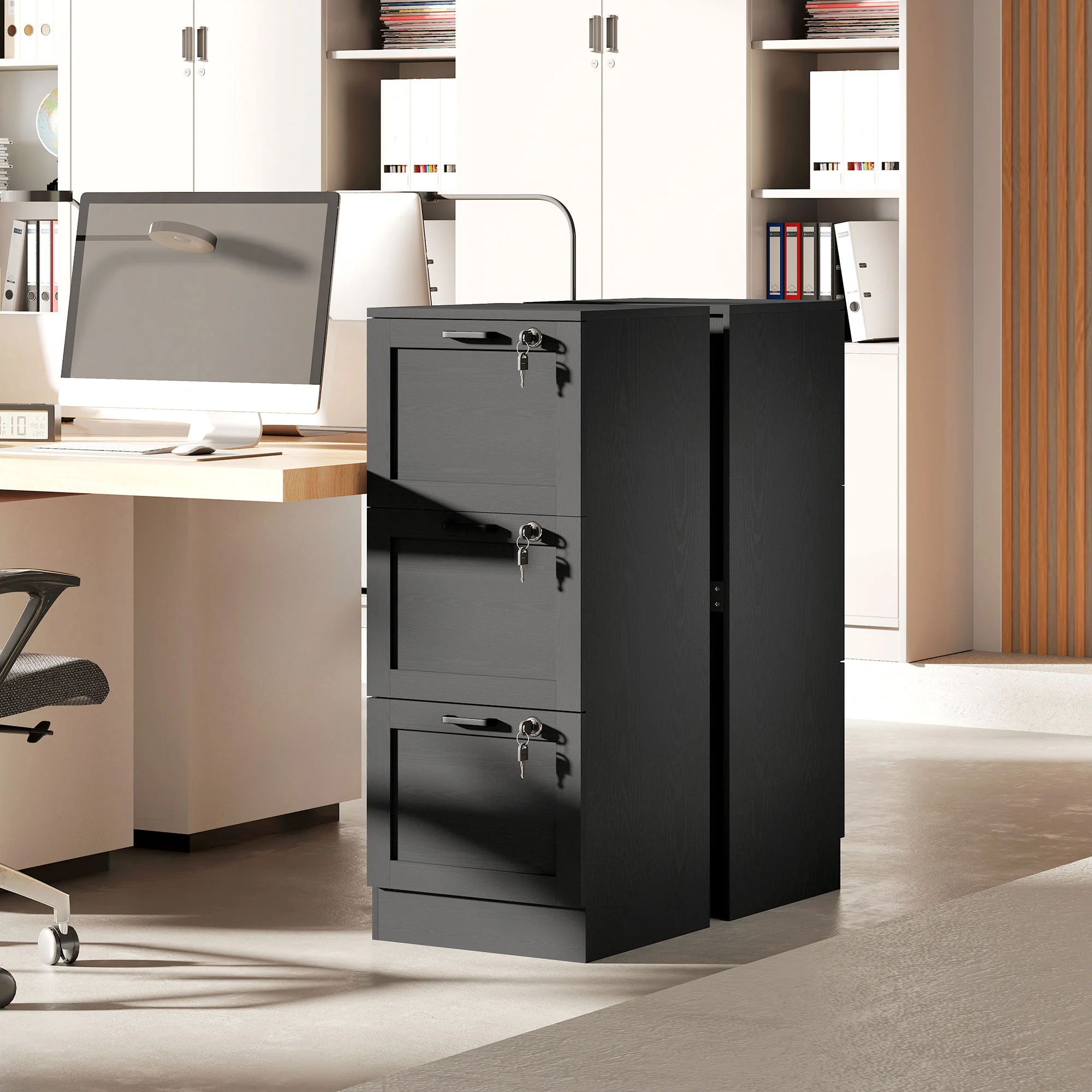HOMCOM 3-Drawer File Cabinet, Lockable Filing Cabinet for A4 Letter, Black - Image 8