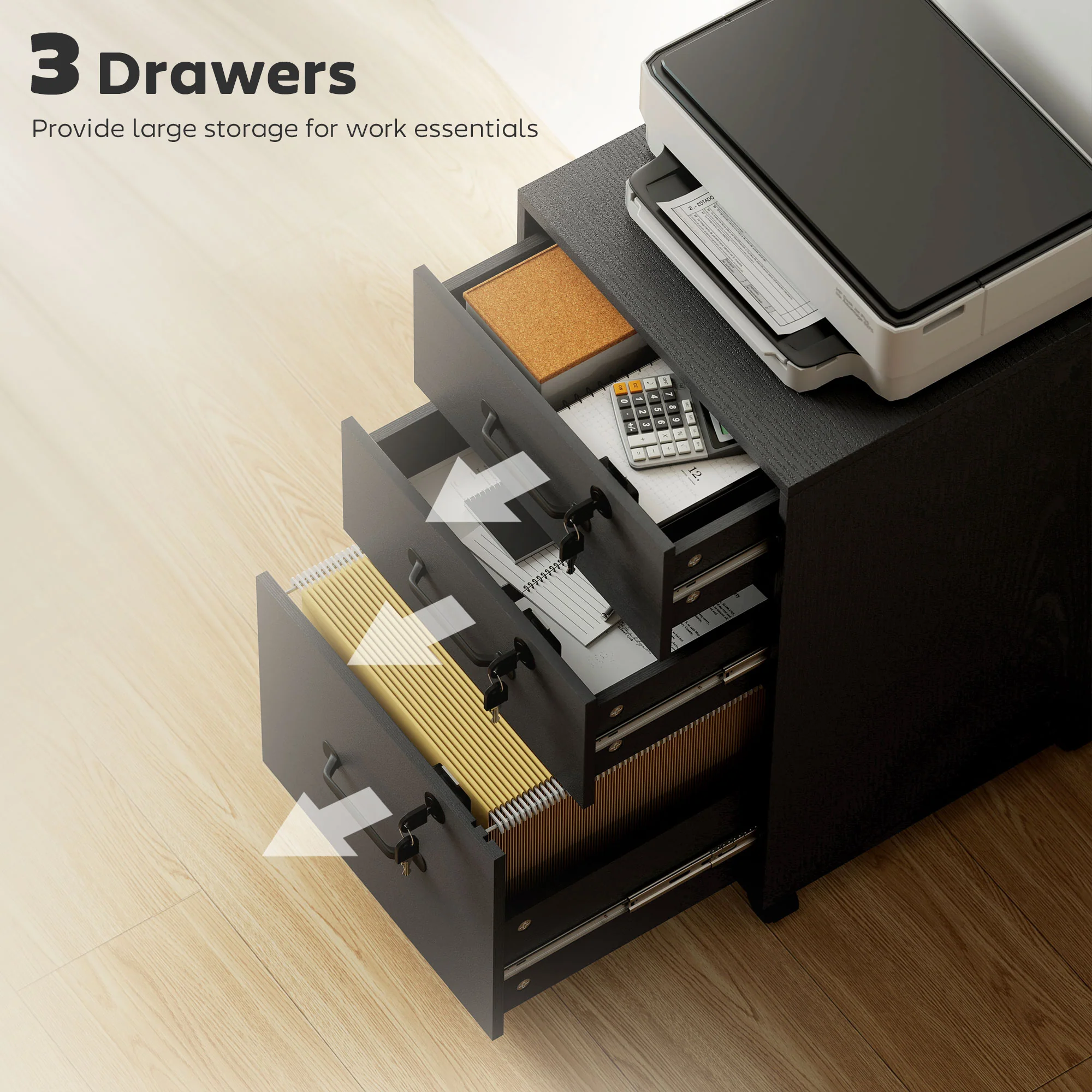 HOMCOM 3 Drawer File Cabinet Rolling Filing Cabinet For A4 And Letter Black - Image 3
