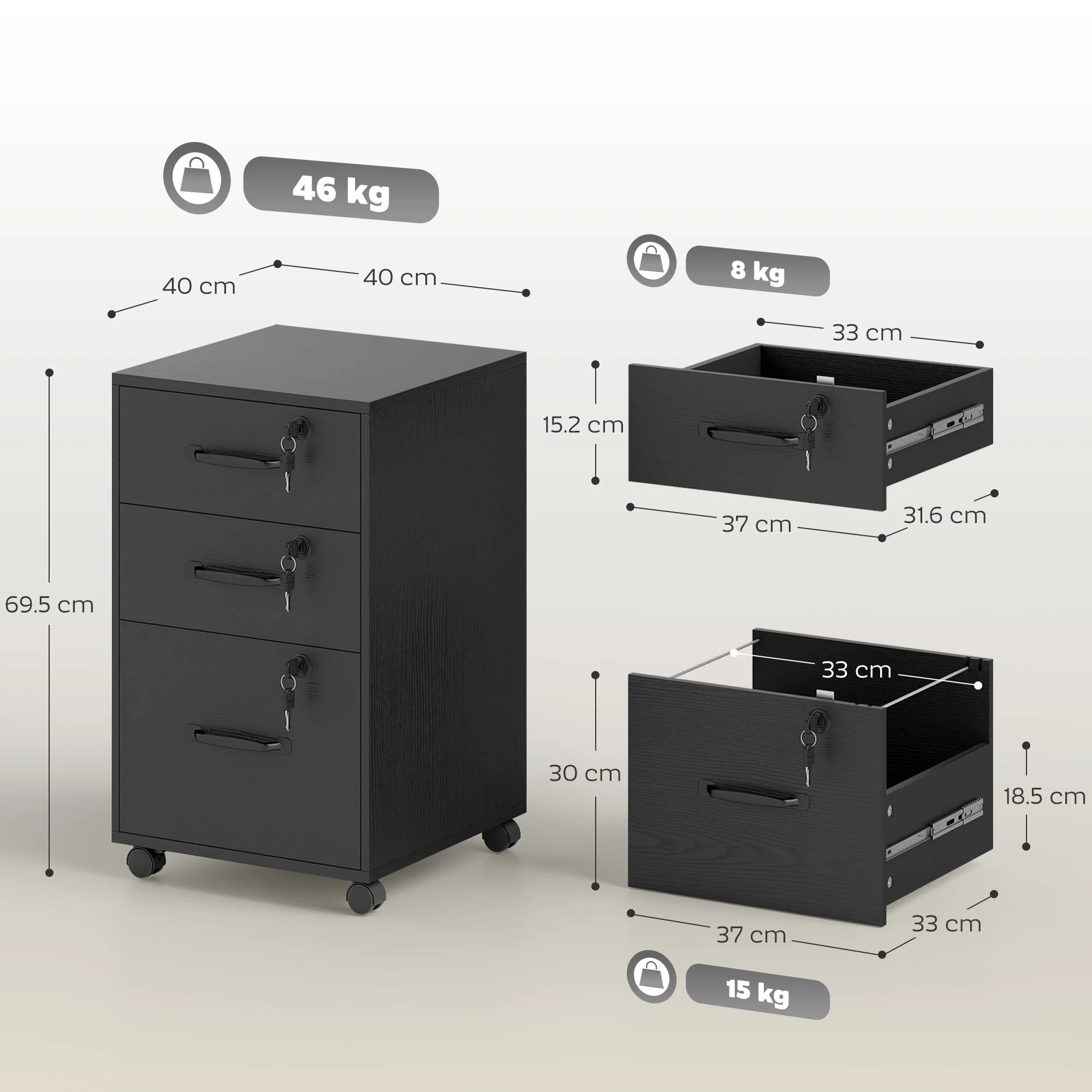 HOMCOM 3 Drawer File Cabinet Rolling Filing Cabinet For A4 And Letter Black - Image 5