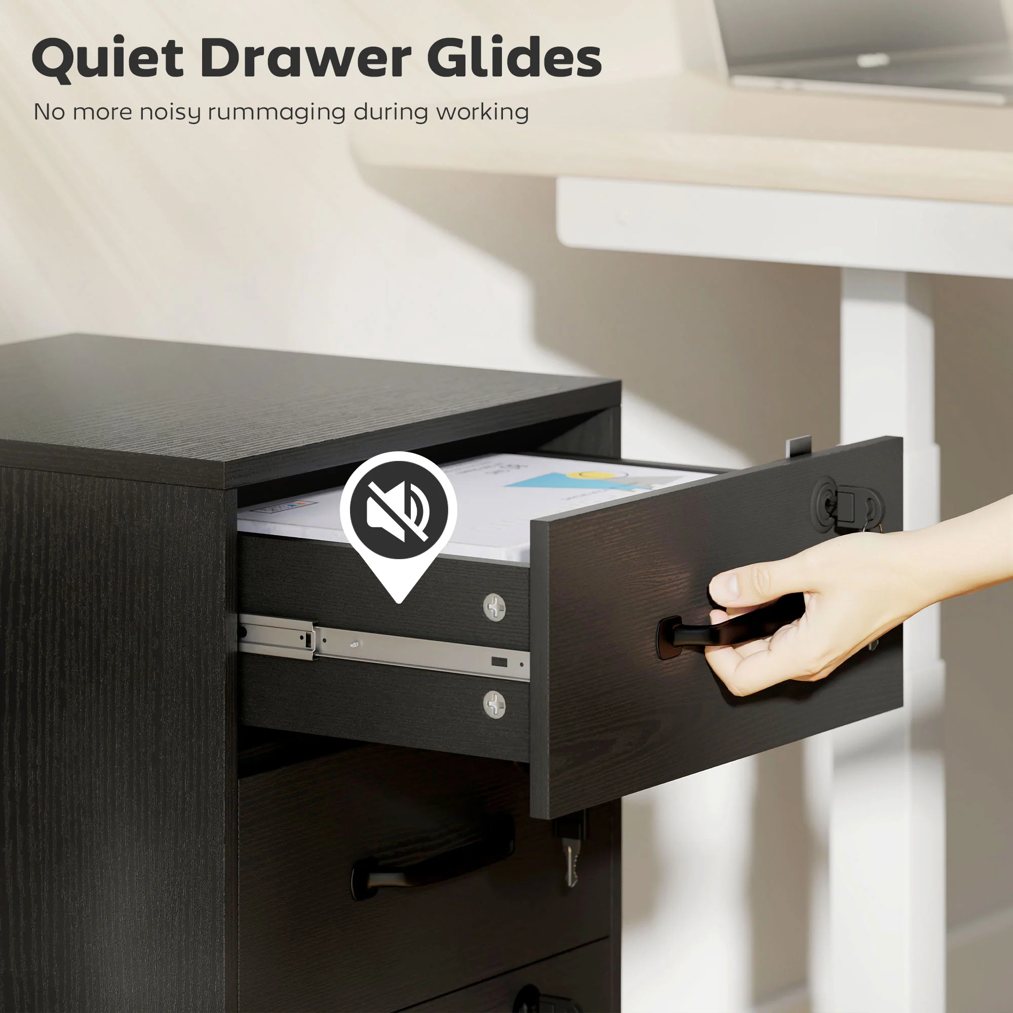 HOMCOM 3 Drawer File Cabinet Rolling Filing Cabinet For A4 And Letter Black - Image 6
