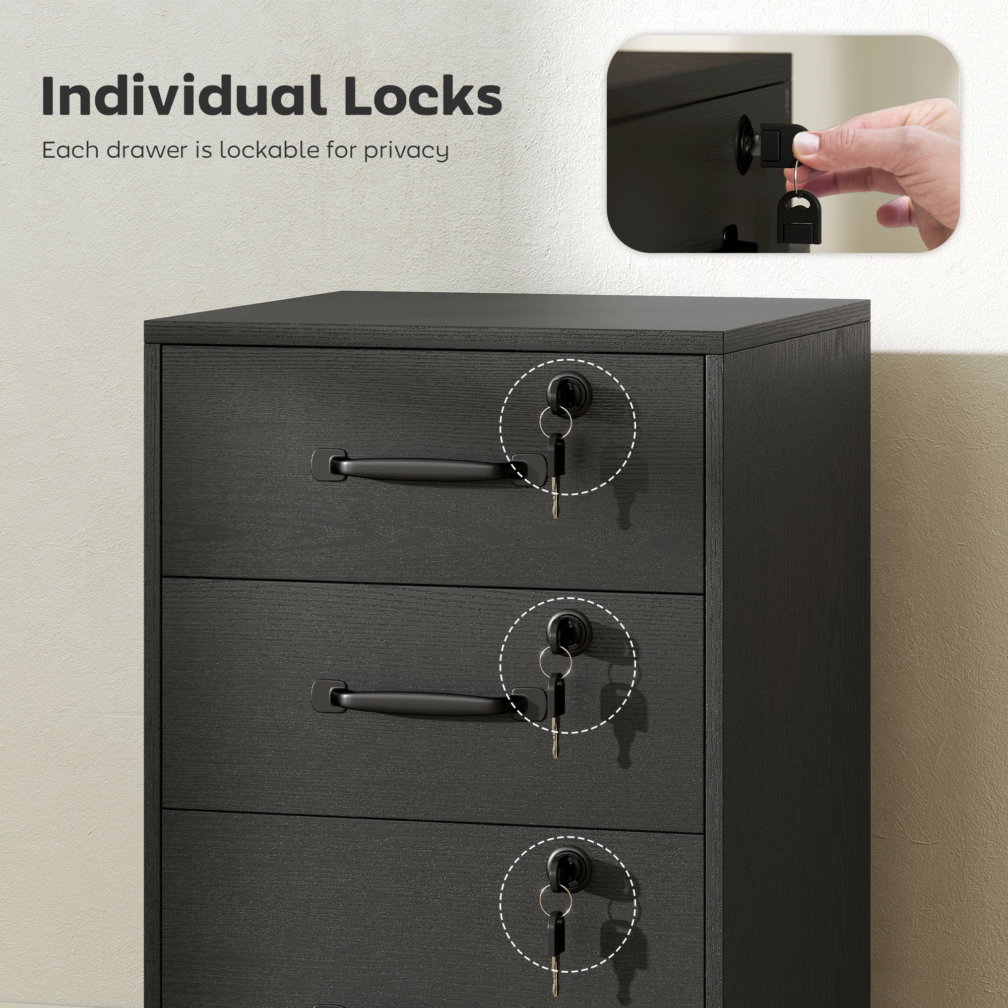 HOMCOM 3 Drawer File Cabinet Rolling Filing Cabinet For A4 And Letter Black - Image 7