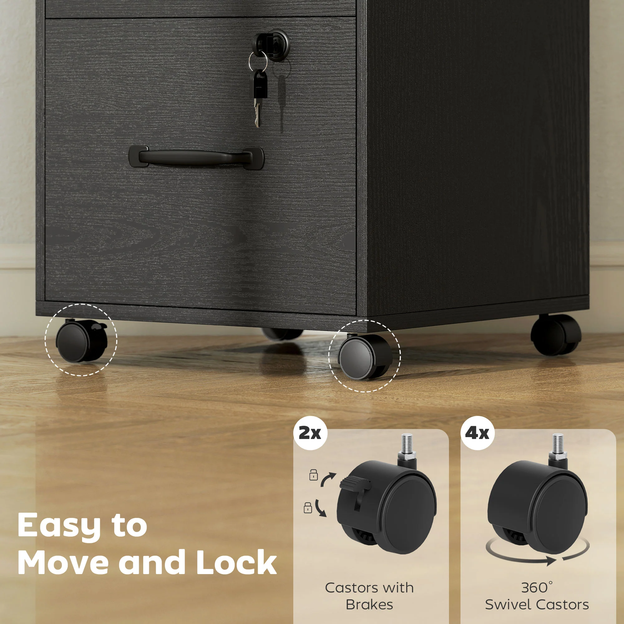 HOMCOM 3 Drawer File Cabinet Rolling Filing Cabinet For A4 And Letter Black - Image 8