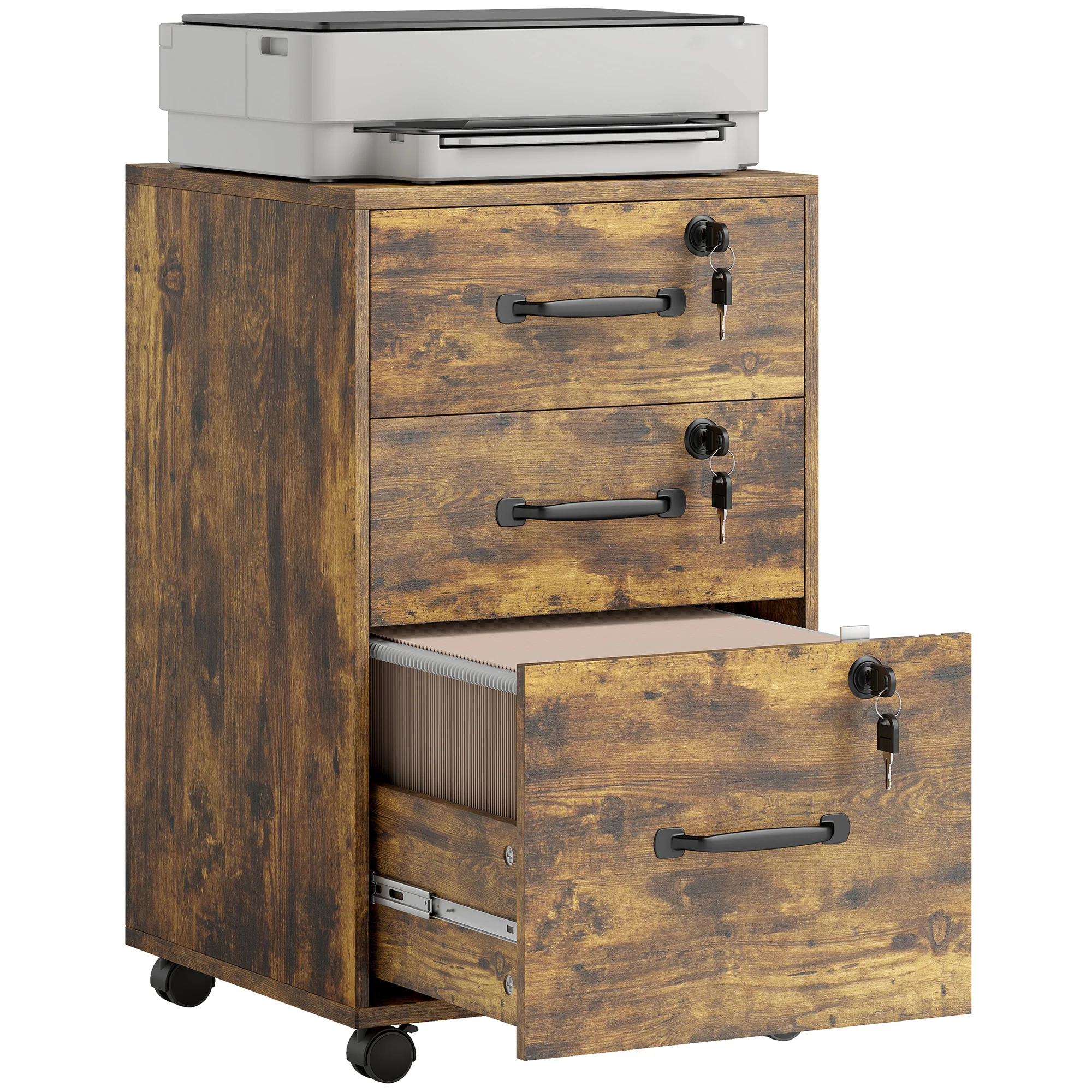 HOMCOM 3 Drawer File Cabinet Rolling Filing Cabinet For A4 And Letter Brown