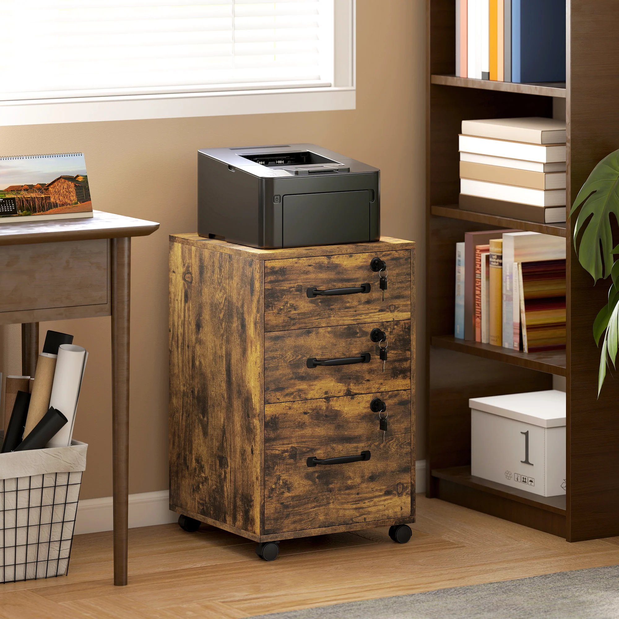 HOMCOM 3 Drawer File Cabinet Rolling Filing Cabinet For A4 And Letter Brown - Image 2