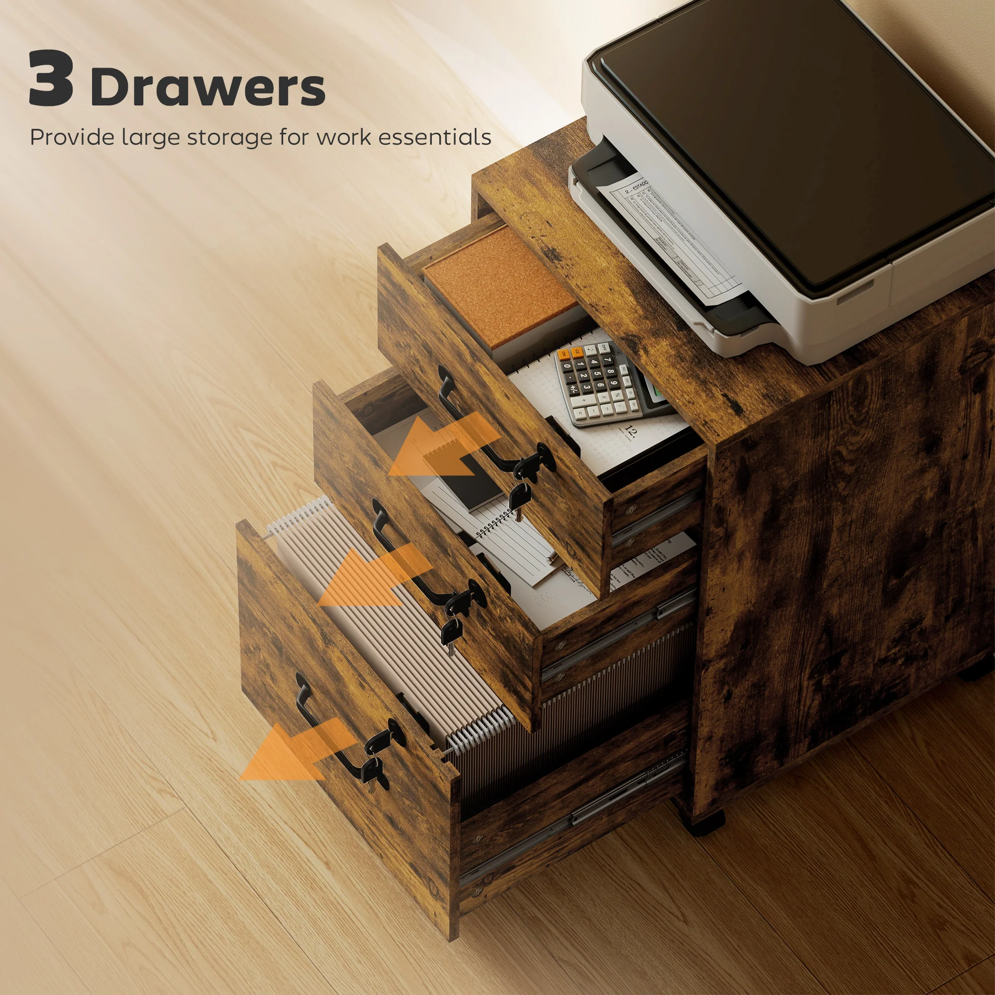 HOMCOM 3 Drawer File Cabinet Rolling Filing Cabinet For A4 And Letter Brown - Image 3