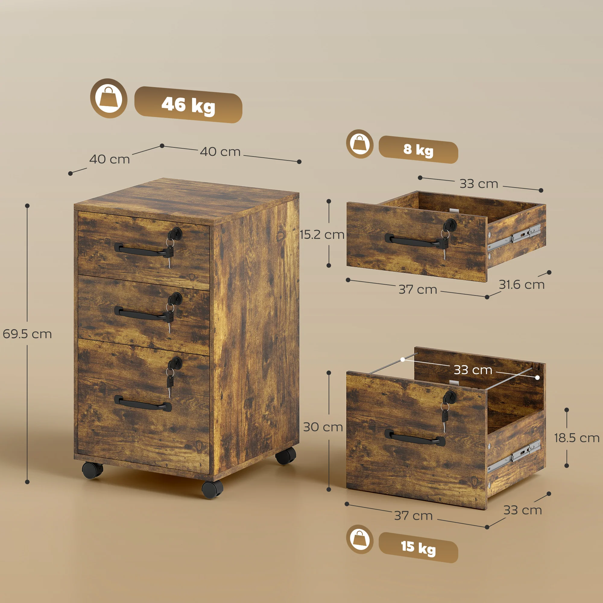 HOMCOM 3 Drawer File Cabinet Rolling Filing Cabinet For A4 And Letter Brown - Image 5