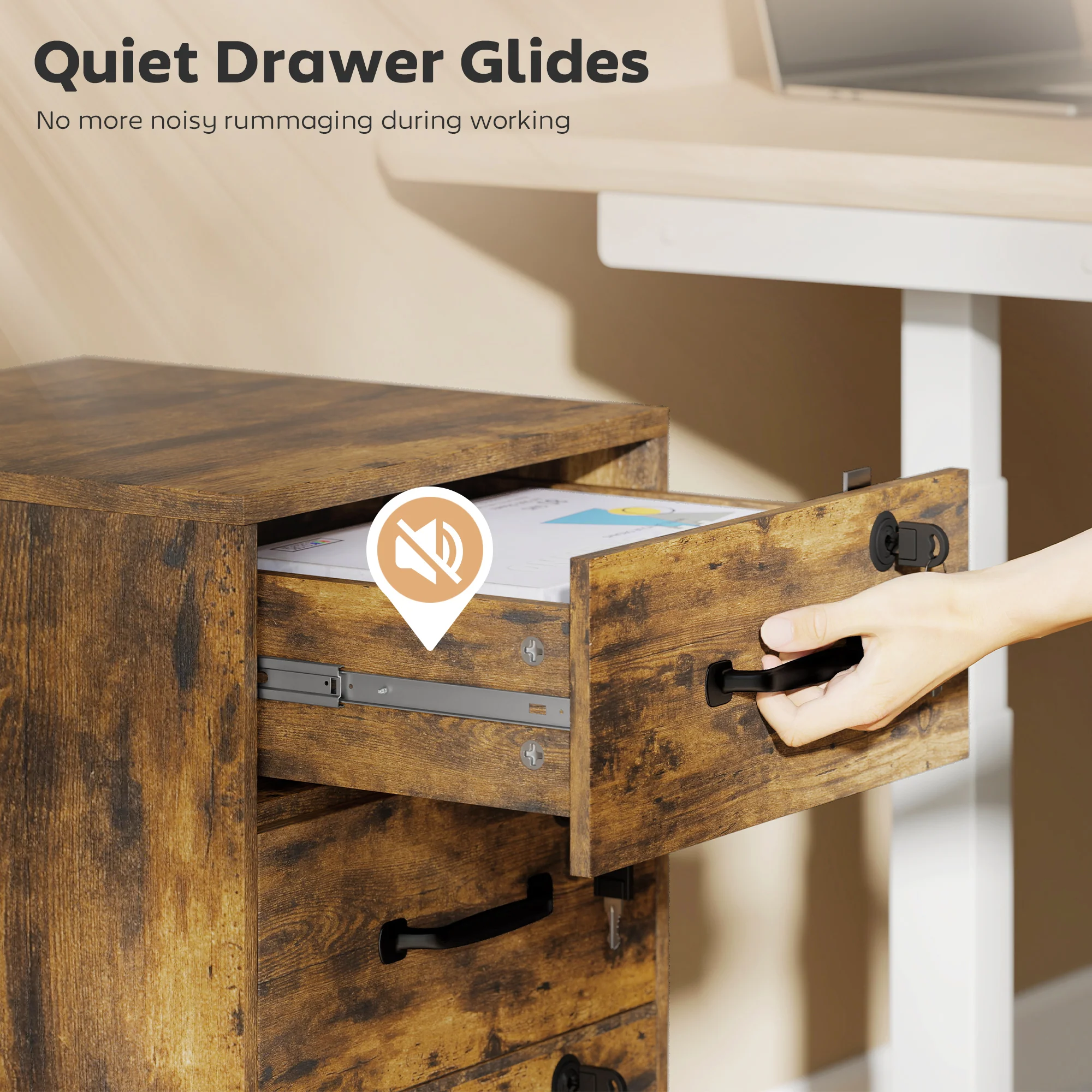 HOMCOM 3 Drawer File Cabinet Rolling Filing Cabinet For A4 And Letter Brown - Image 6