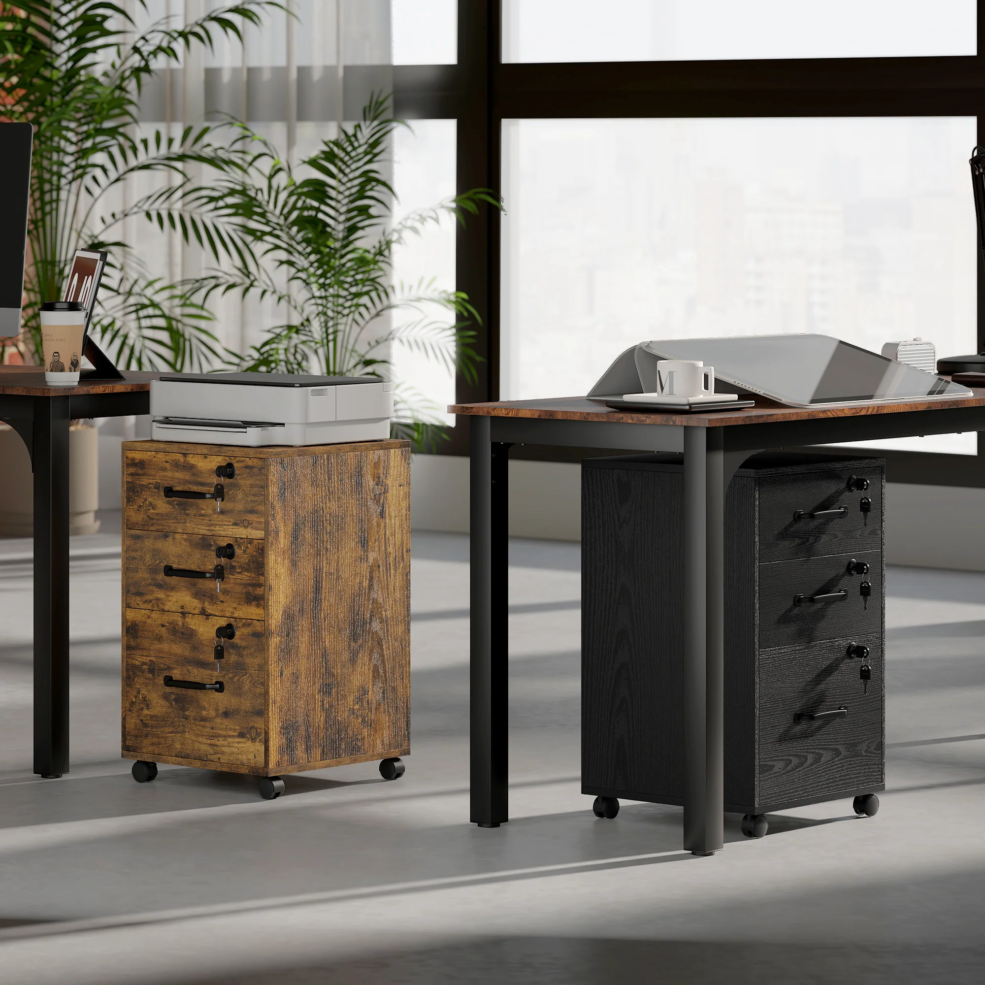 HOMCOM 3 Drawer File Cabinet Rolling Filing Cabinet For A4 And Letter Brown - Image 9