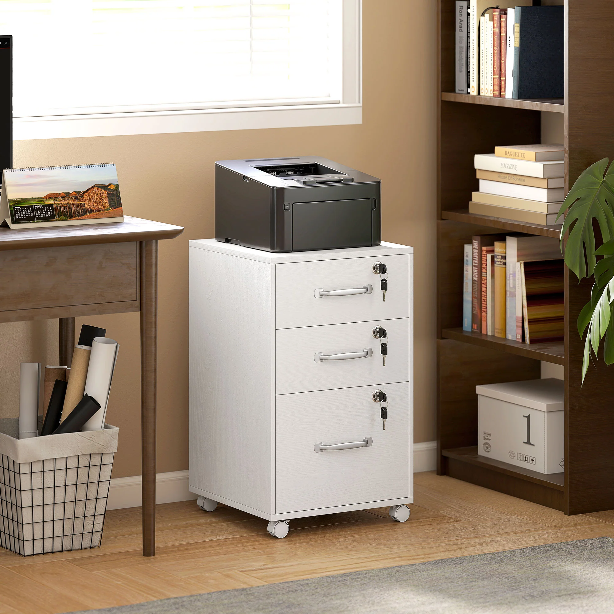 HOMCOM 3 Drawer File Cabinet Rolling Filing Cabinet For A4 And Letter White - Image 2