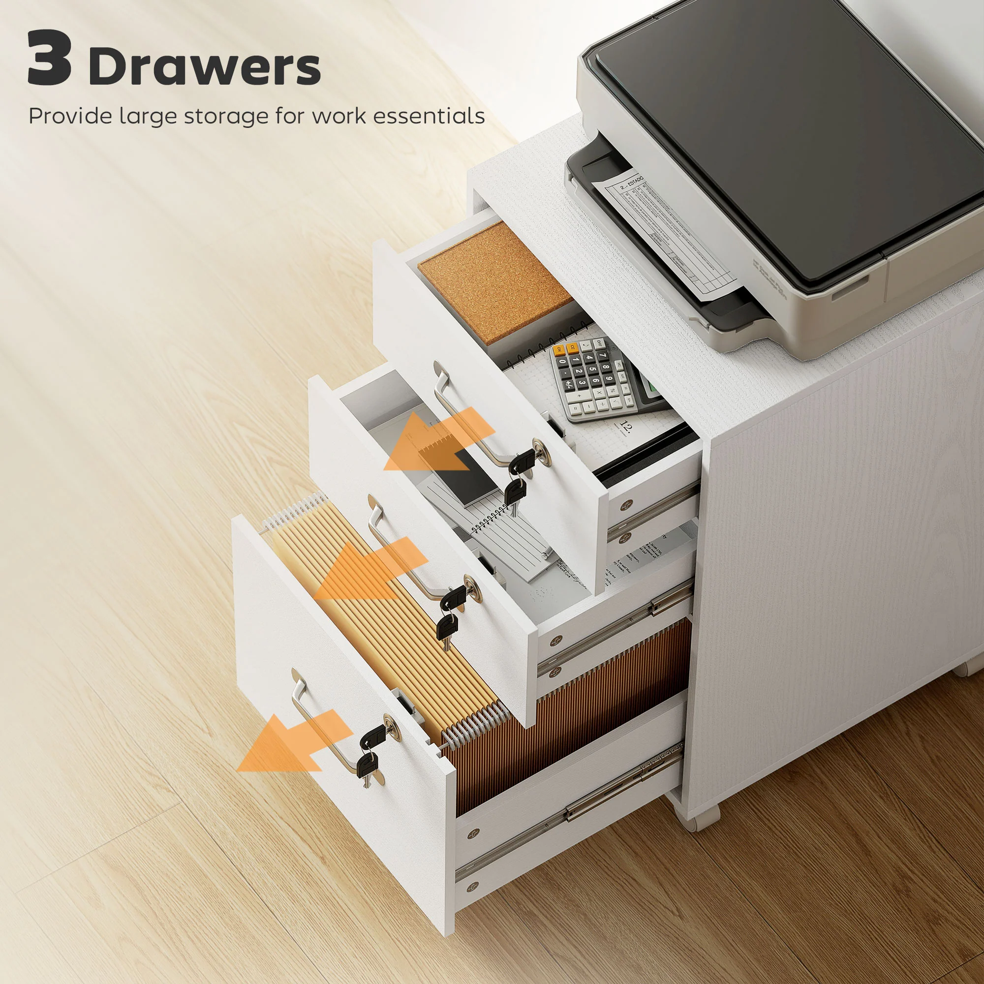 HOMCOM 3 Drawer File Cabinet Rolling Filing Cabinet For A4 And Letter White - Image 3