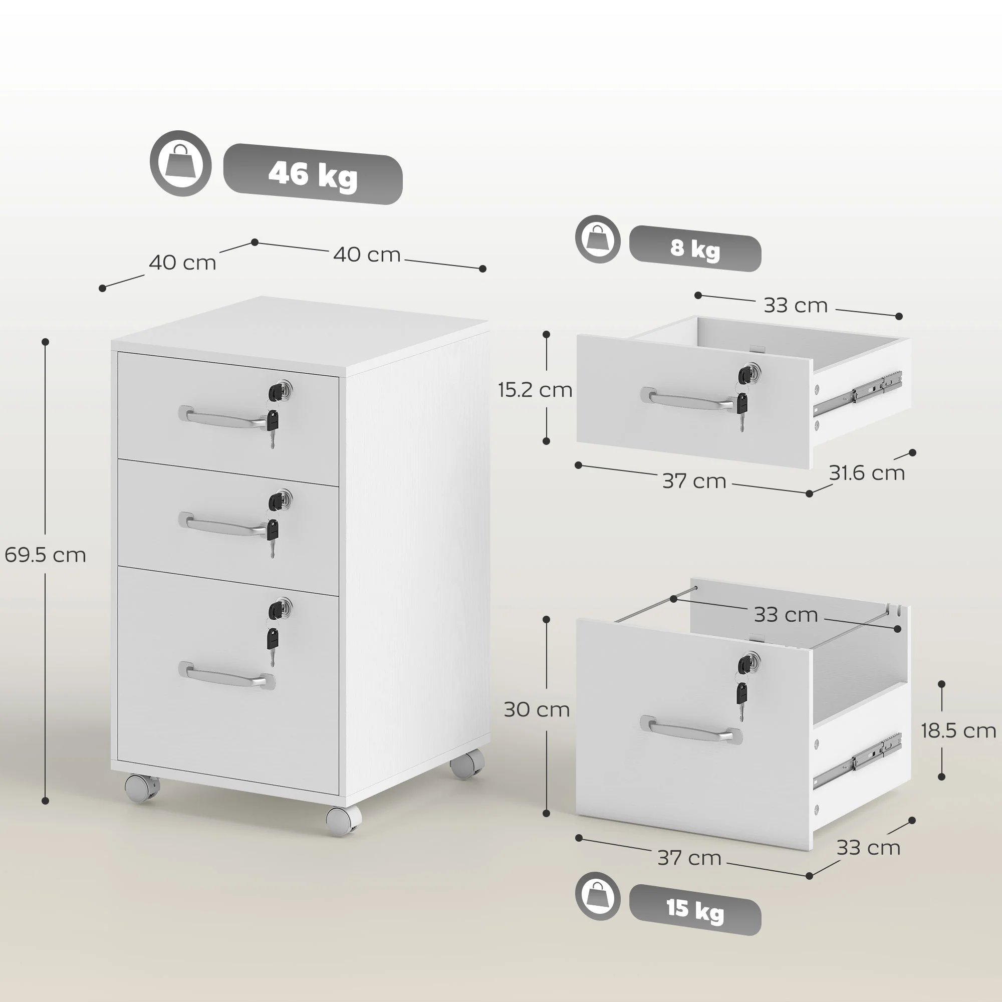 HOMCOM 3 Drawer File Cabinet Rolling Filing Cabinet For A4 And Letter White - Image 5