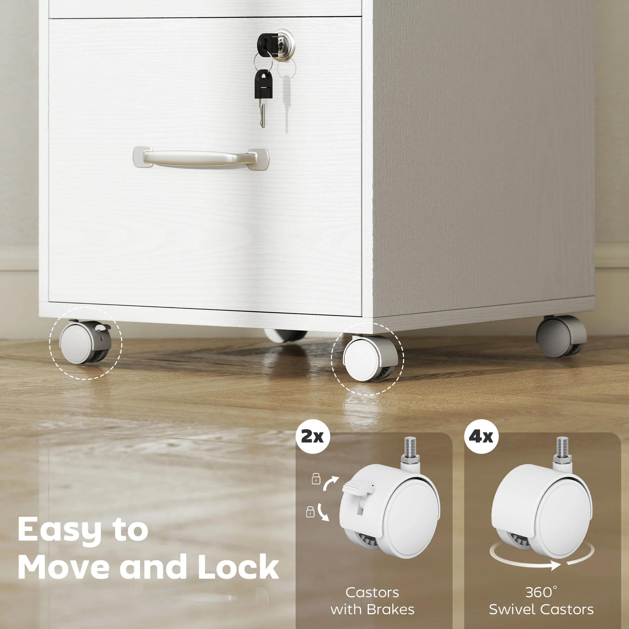 HOMCOM 3 Drawer File Cabinet Rolling Filing Cabinet For A4 And Letter White - Image 8