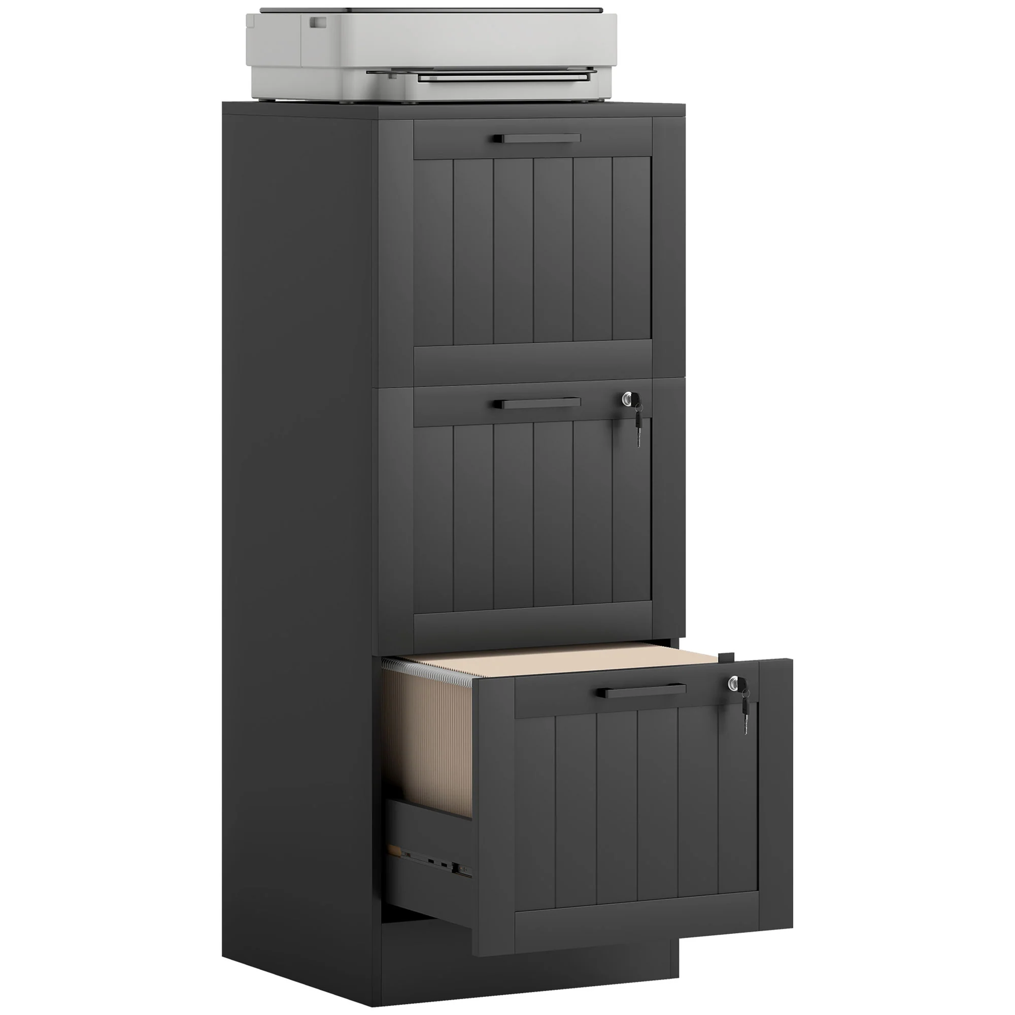 HOMCOM 3 Drawer File Cabinet with Lock and Adjustable Hanging Bars, Black