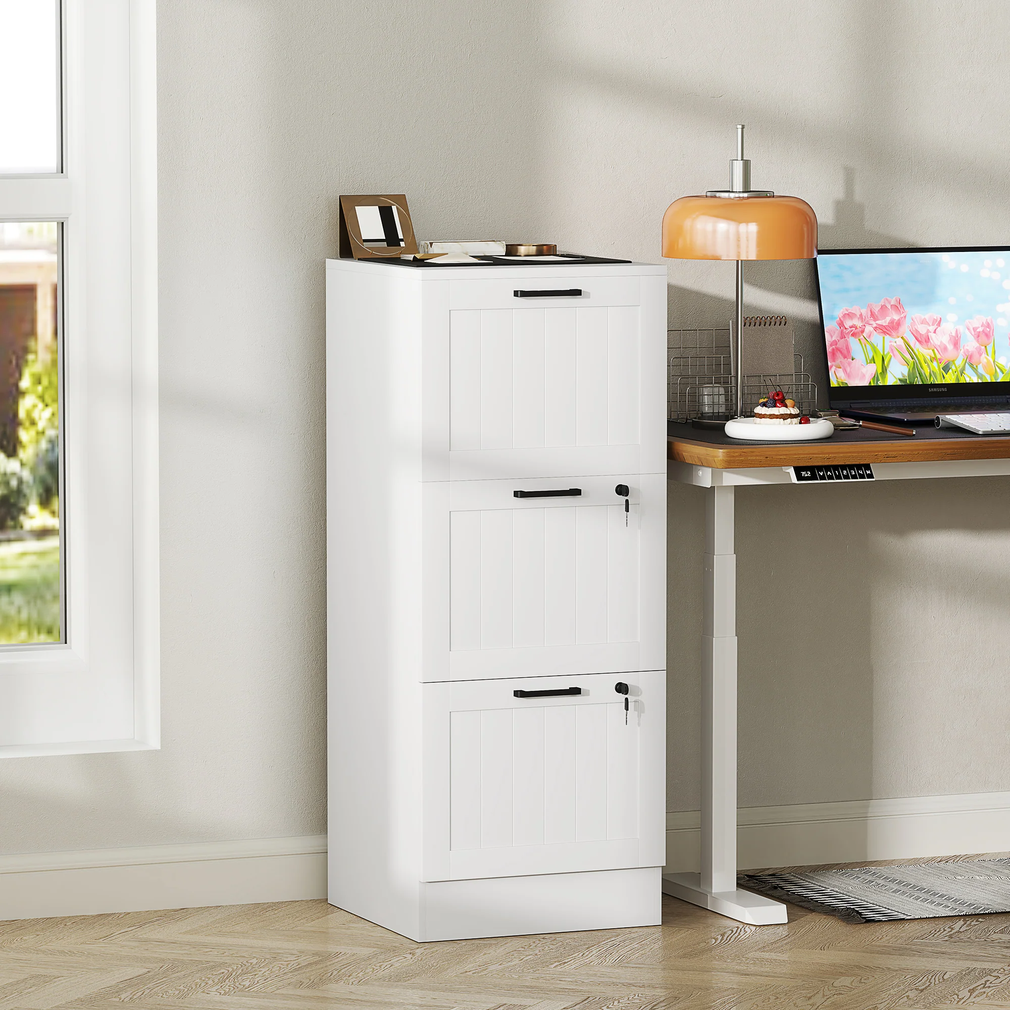 HOMCOM 3 Drawer File Cabinet with Lock and Adjustable Hanging Bars, White - Image 2