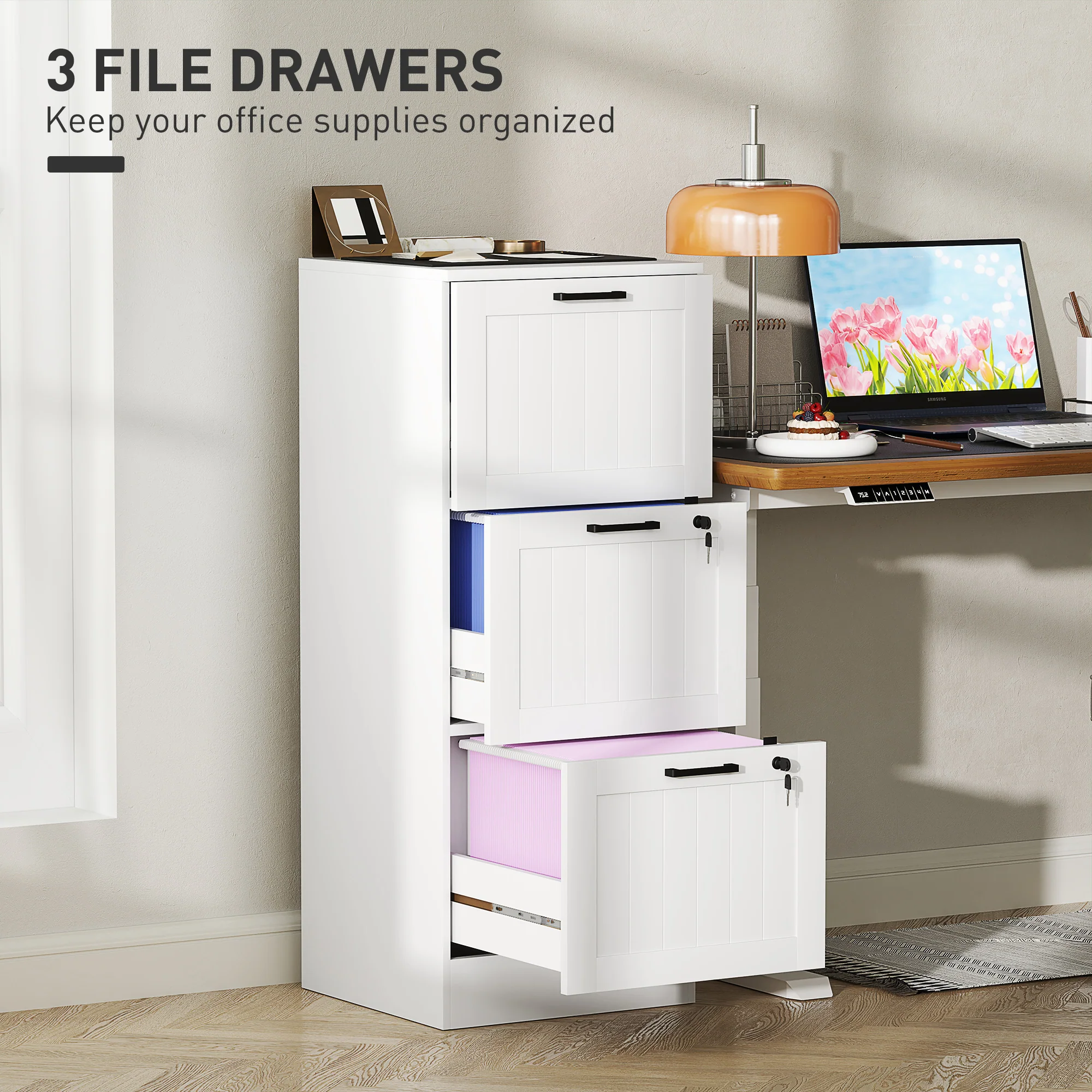 HOMCOM 3 Drawer File Cabinet with Lock and Adjustable Hanging Bars, White - Image 3
