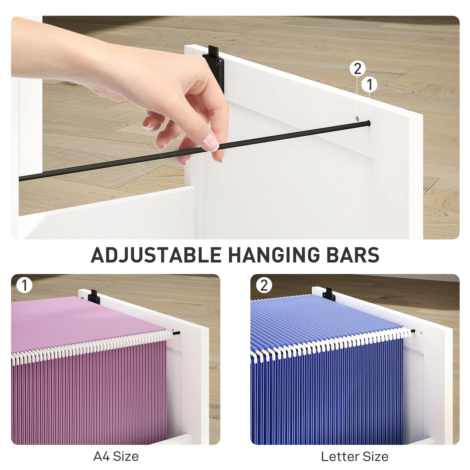 HOMCOM 3 Drawer File Cabinet with Lock and Adjustable Hanging Bars, White - Image 4