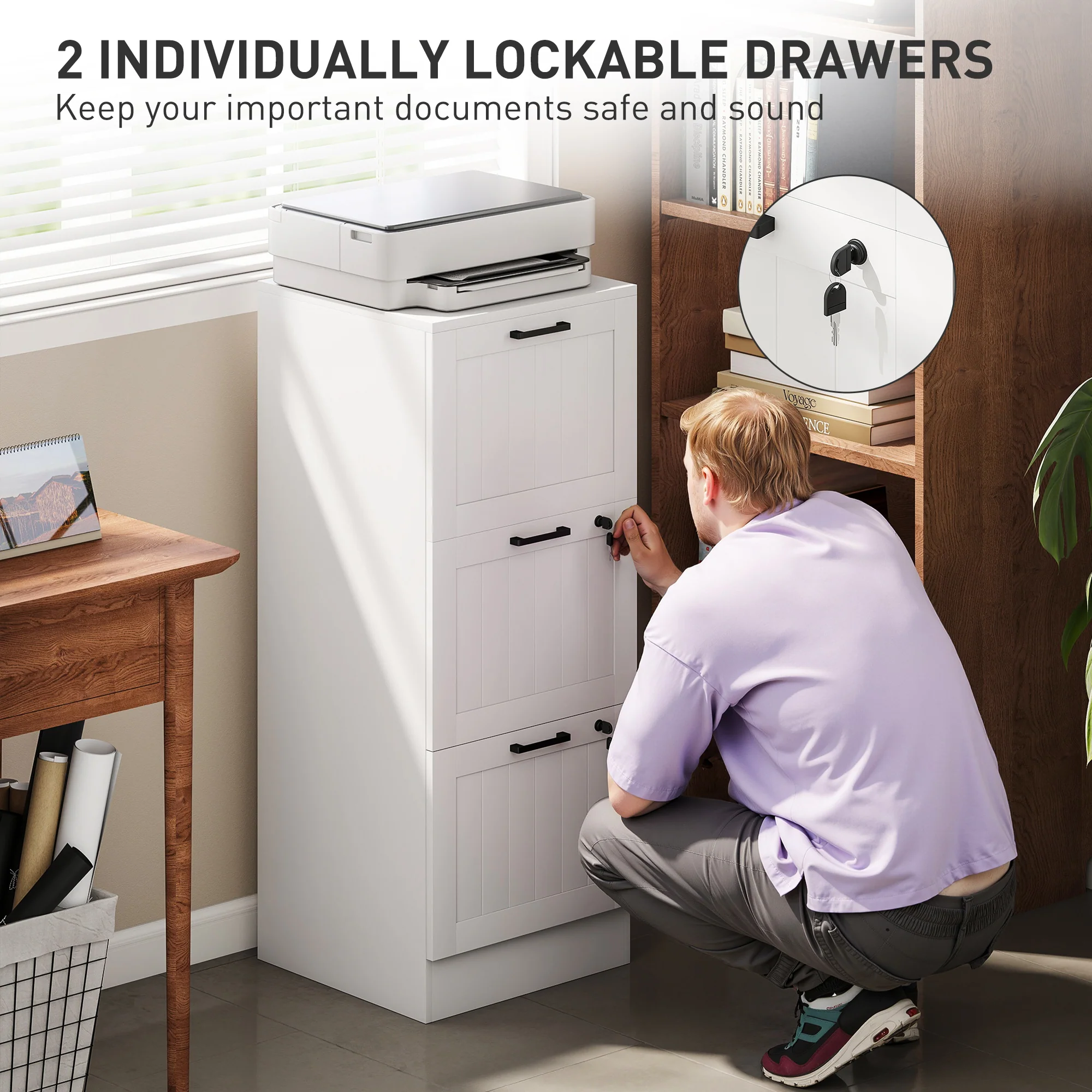 HOMCOM 3 Drawer File Cabinet with Lock and Adjustable Hanging Bars, White - Image 6