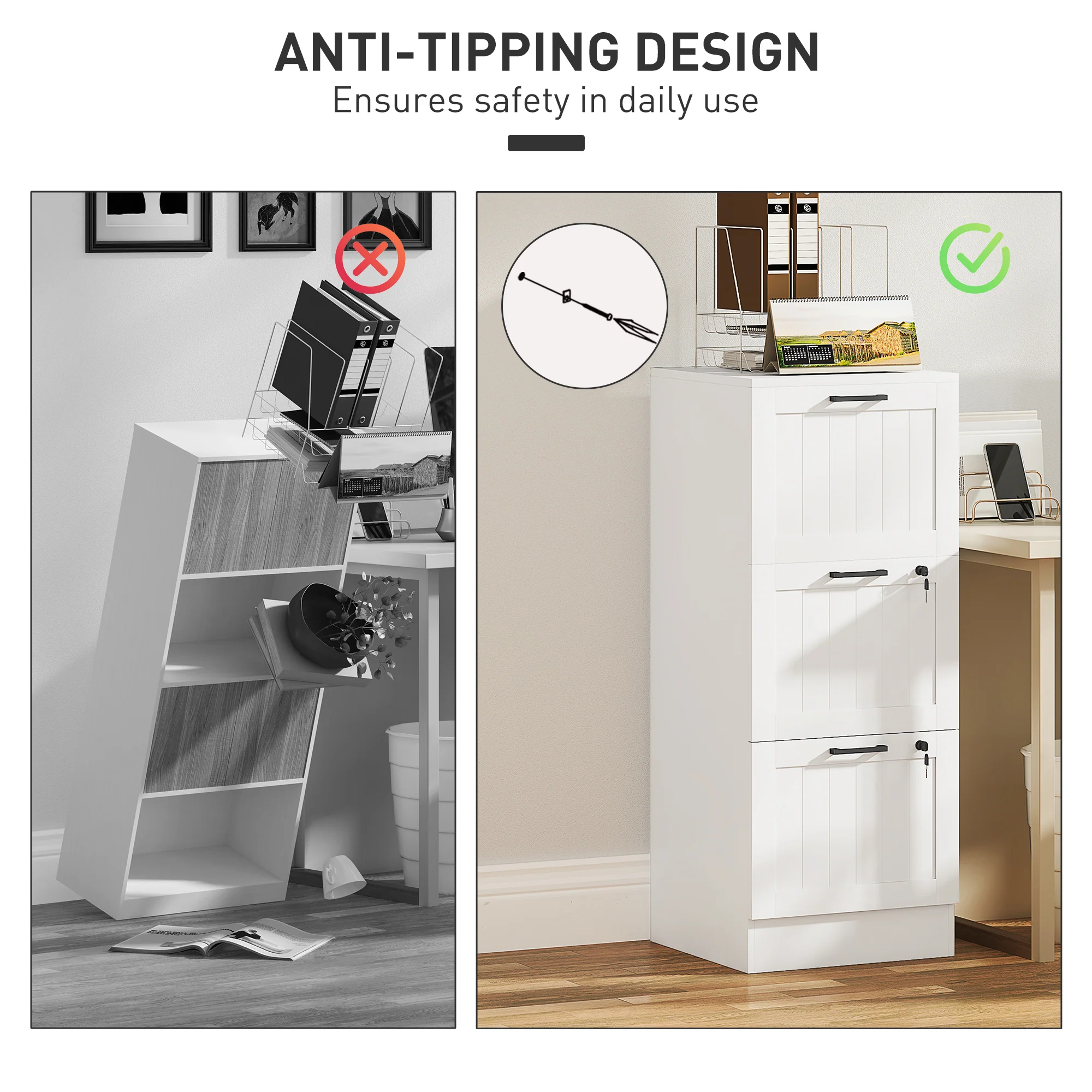 HOMCOM 3 Drawer File Cabinet with Lock and Adjustable Hanging Bars, White - Image 7