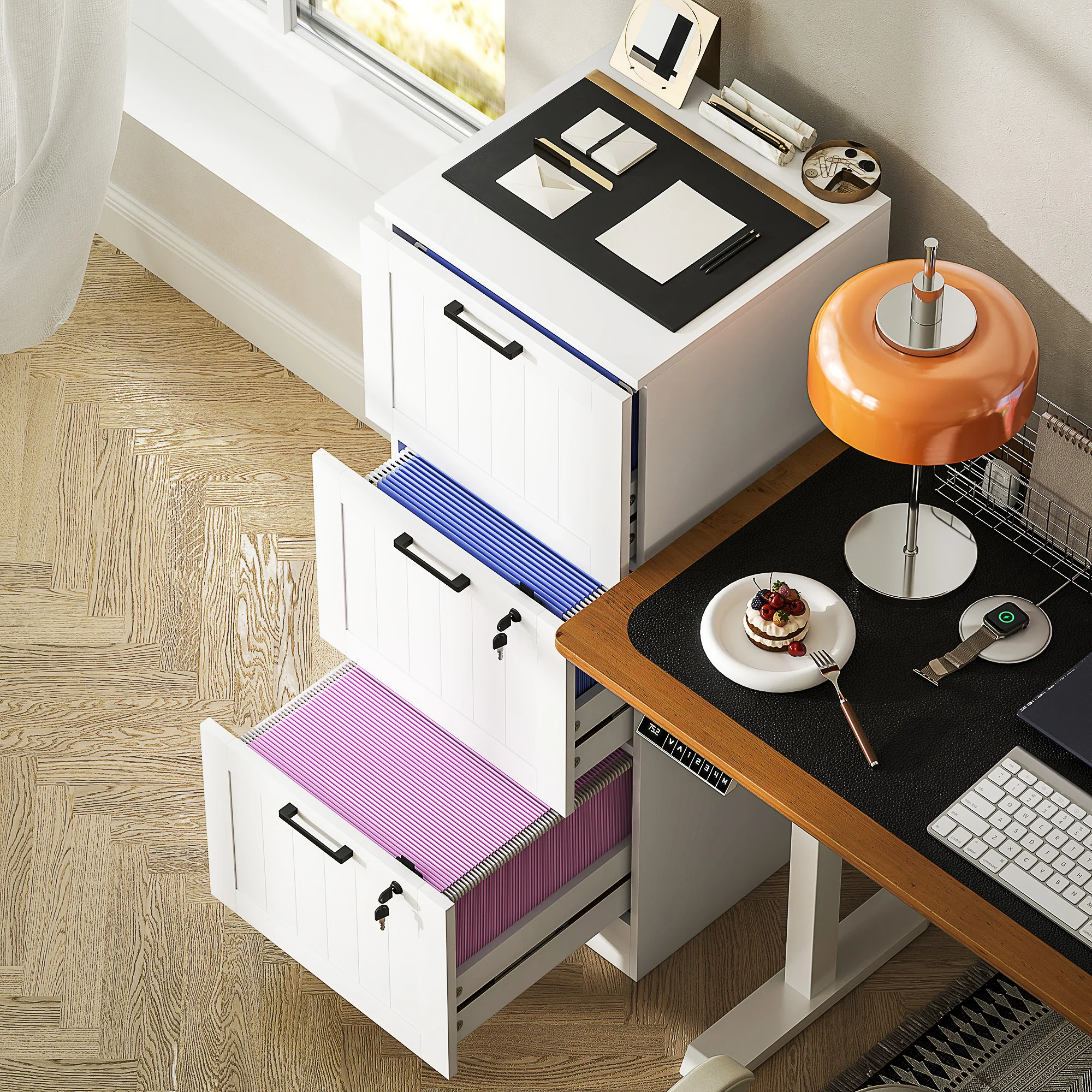 HOMCOM 3 Drawer File Cabinet with Lock and Adjustable Hanging Bars, White - Image 9