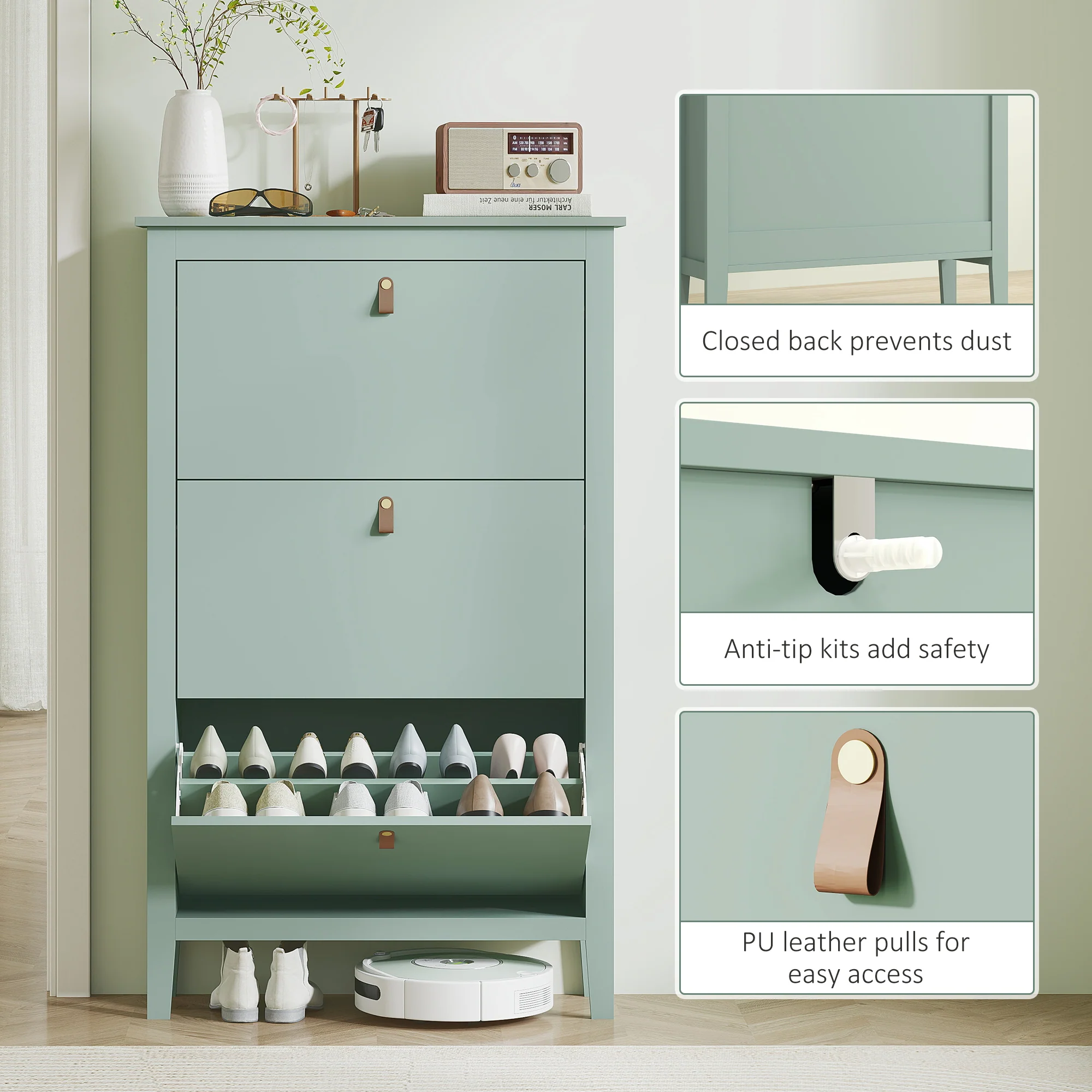 HOMCOM 3 Drawer Shoe Cabinet with Flip Doors for Hallway, Entryway, Green - Image 7