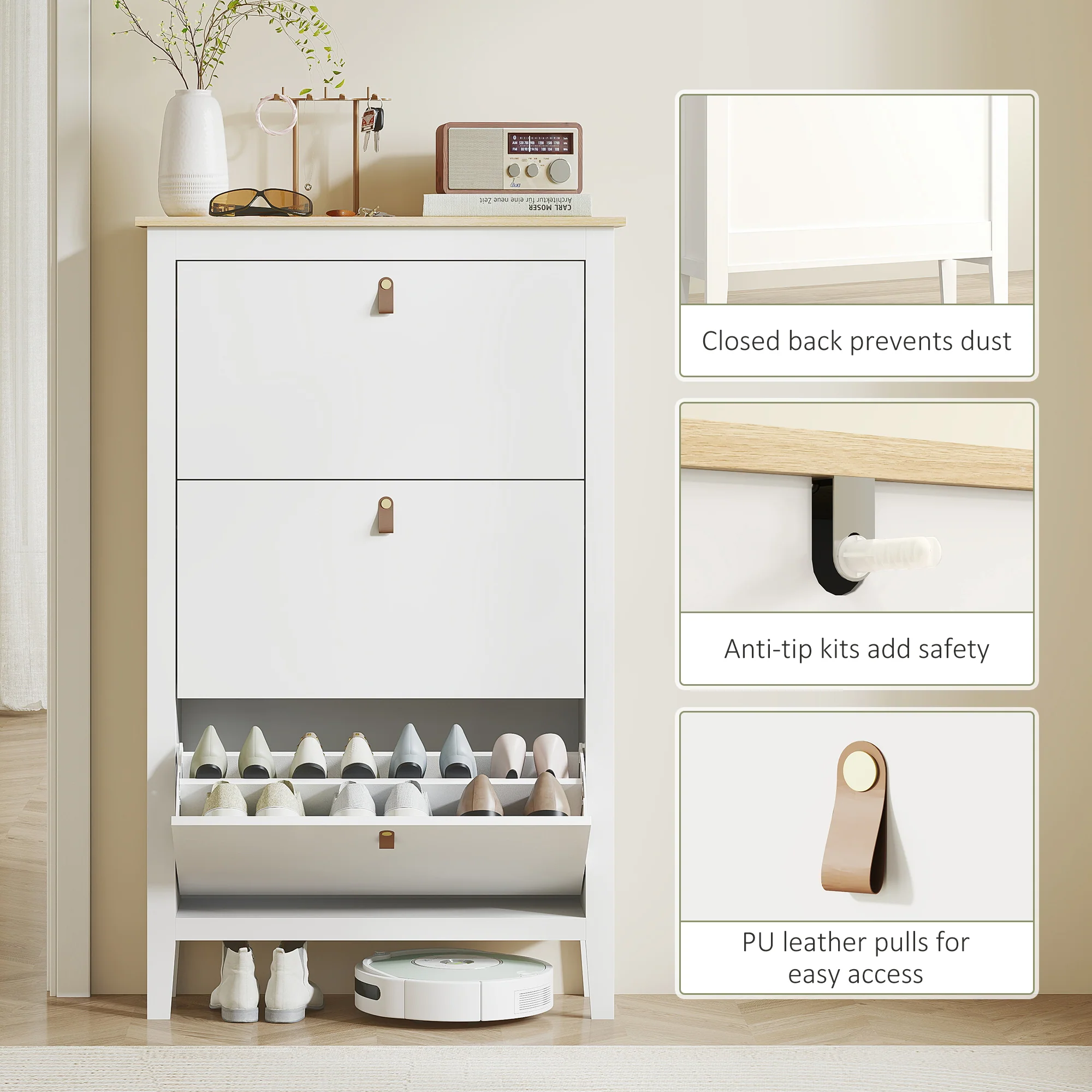 HOMCOM 3 Drawer Shoe Cabinet with Flip Doors for Hallway, Entryway, White - Image 7