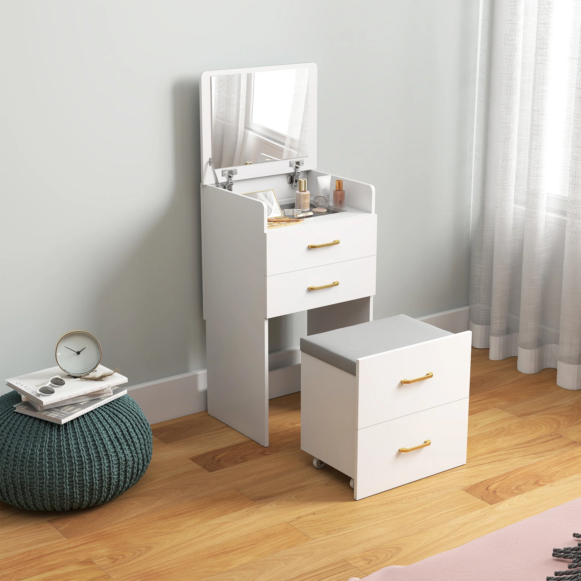 HOMCOM 3 In 1 Dressing Table Vanity Desk With Mirror And Cushioned Stool - Image 3