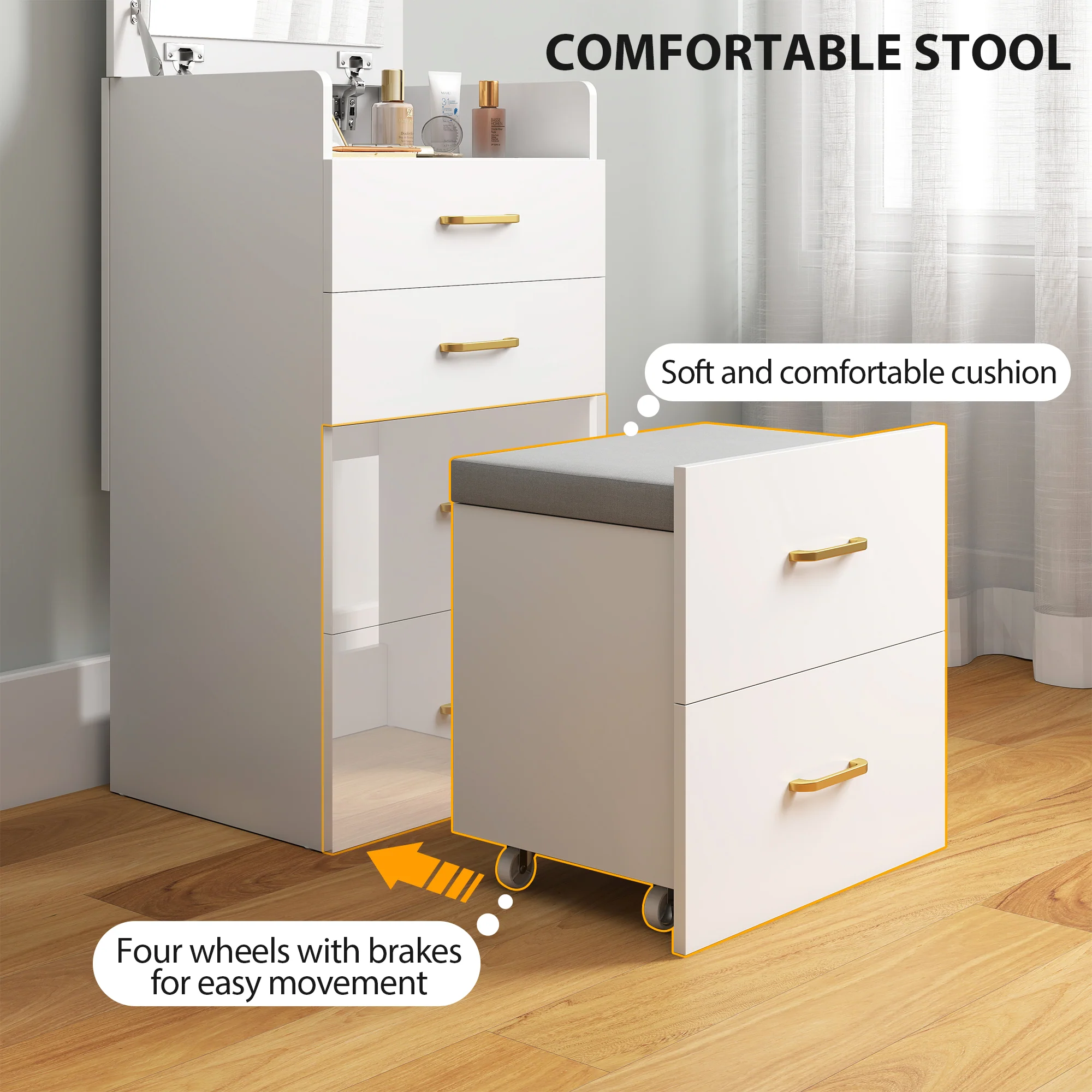 HOMCOM 3 In 1 Dressing Table Vanity Desk With Mirror And Cushioned Stool - Image 5