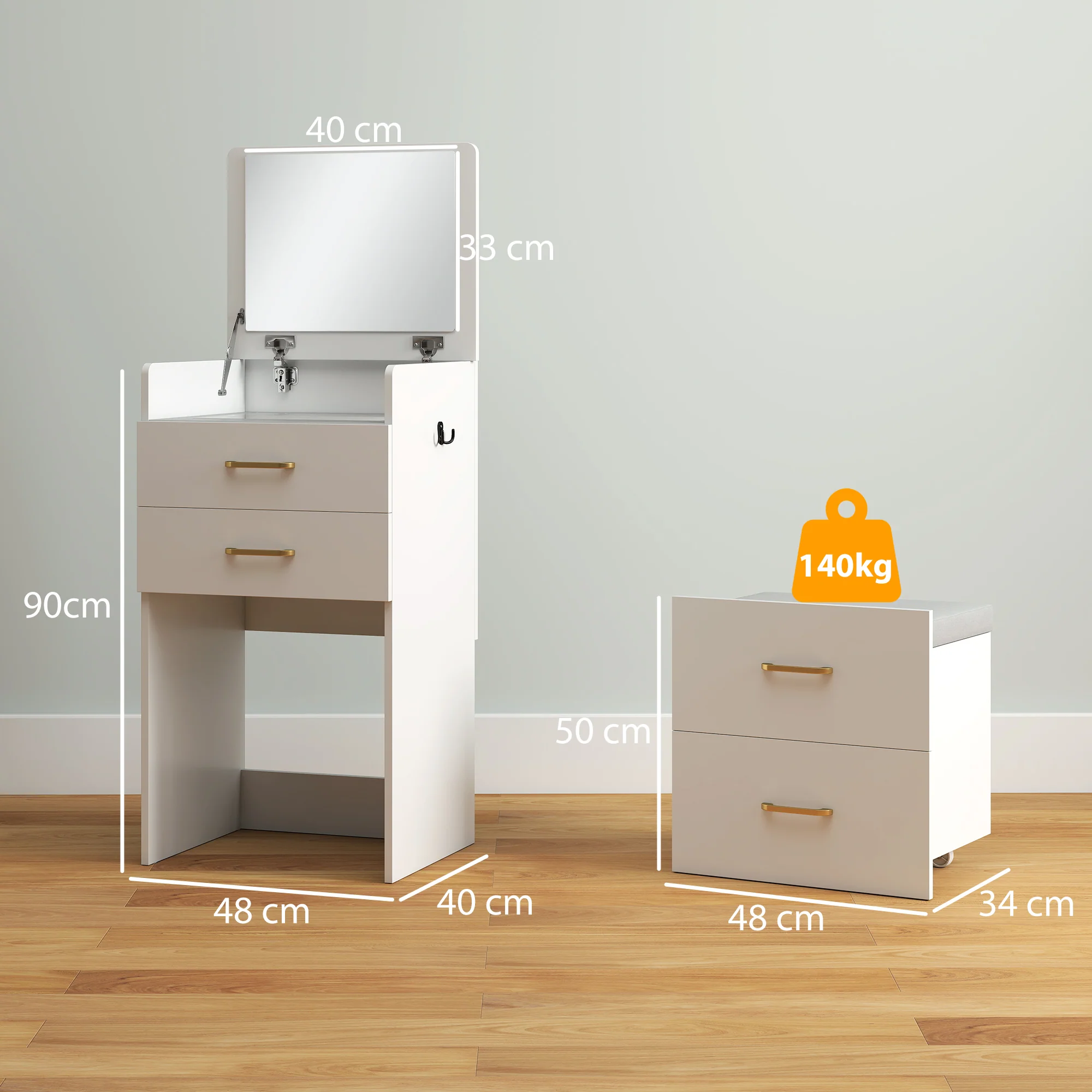HOMCOM 3 In 1 Dressing Table Vanity Desk With Mirror And Cushioned Stool - Image 6