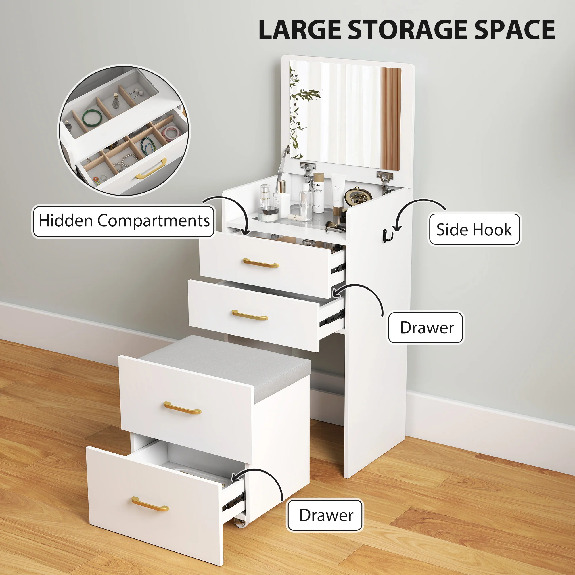 HOMCOM 3 In 1 Dressing Table Vanity Desk With Mirror And Cushioned Stool - Image 7