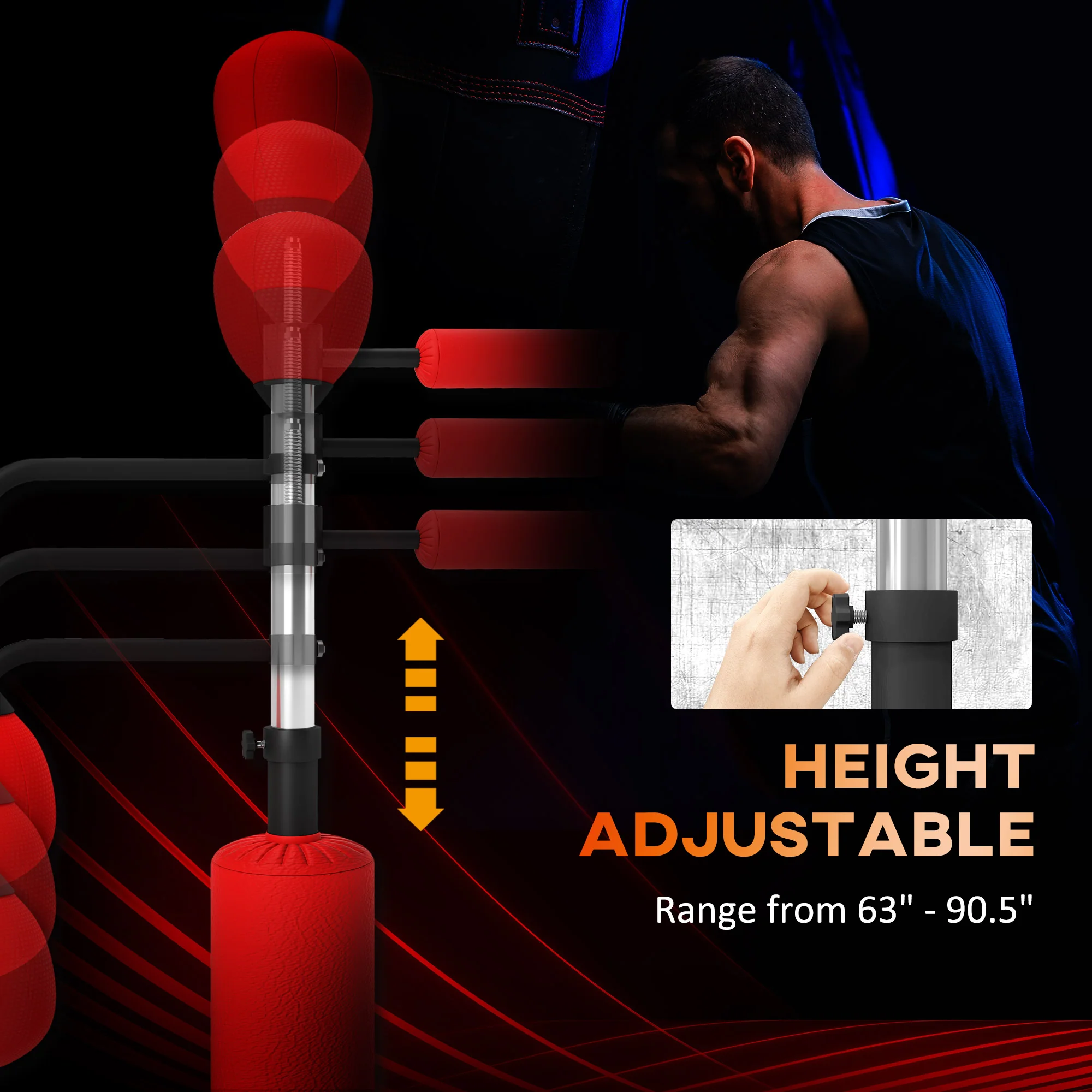 HOMCOM 3-in-1 Punching Bag with 2 Speedballs, 360° Reflex Bar, Red - Image 4