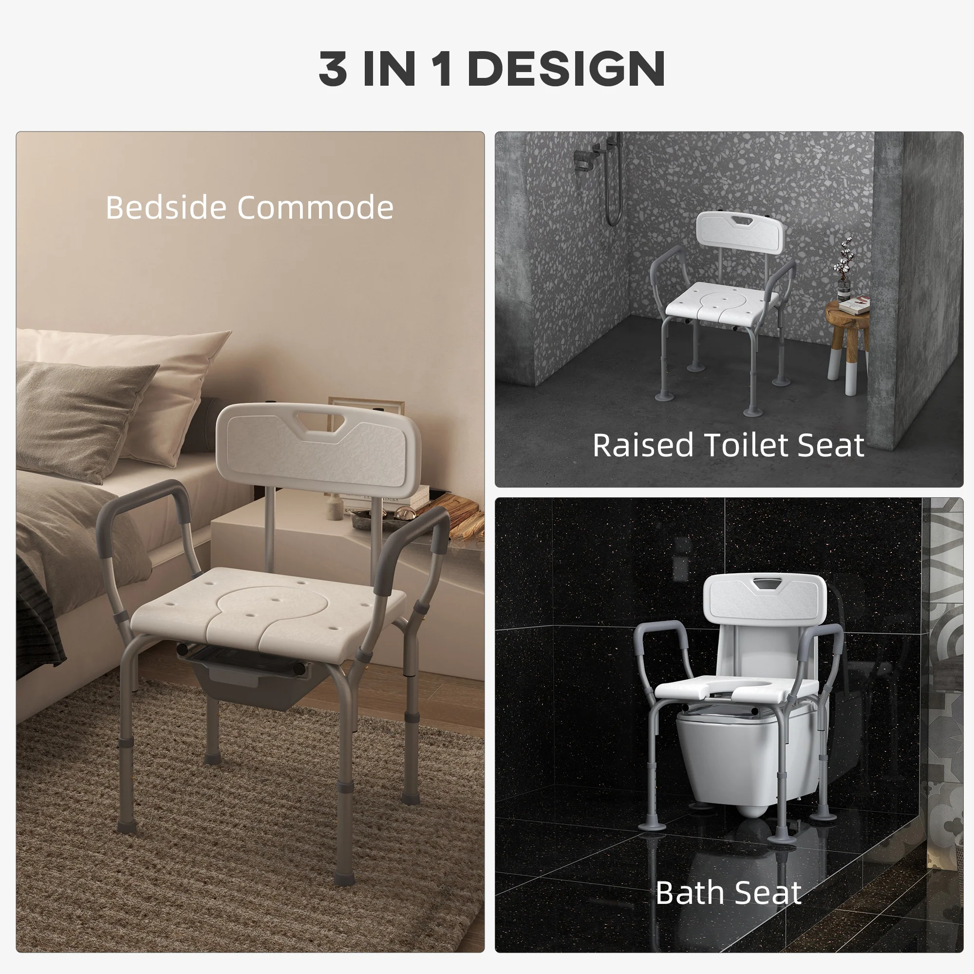 HOMCOM 3-in-1 Shower Chair Adjustable Bedside Commode Raised Toilet Seat White - Image 3