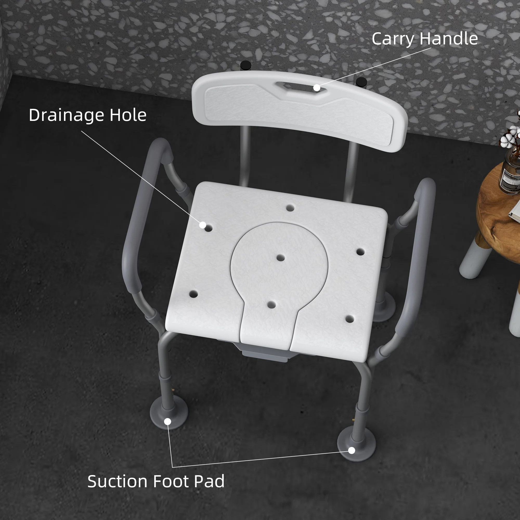 HOMCOM 3-in-1 Shower Chair Adjustable Bedside Commode Raised Toilet Seat White - Image 6
