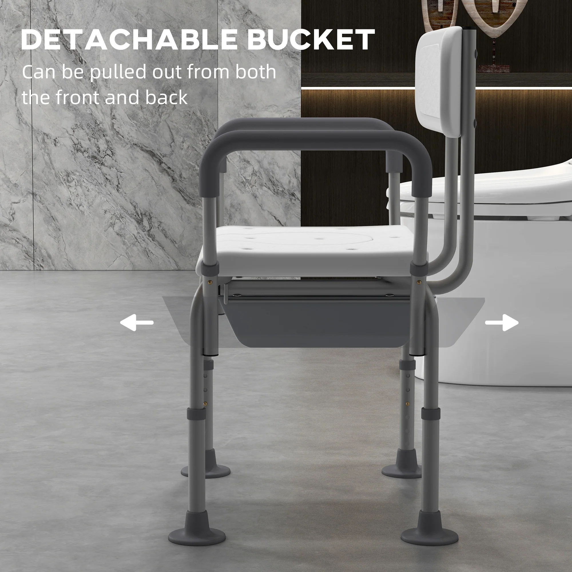 HOMCOM 3-in-1 Shower Chair Adjustable Bedside Commode Raised Toilet Seat White - Image 7