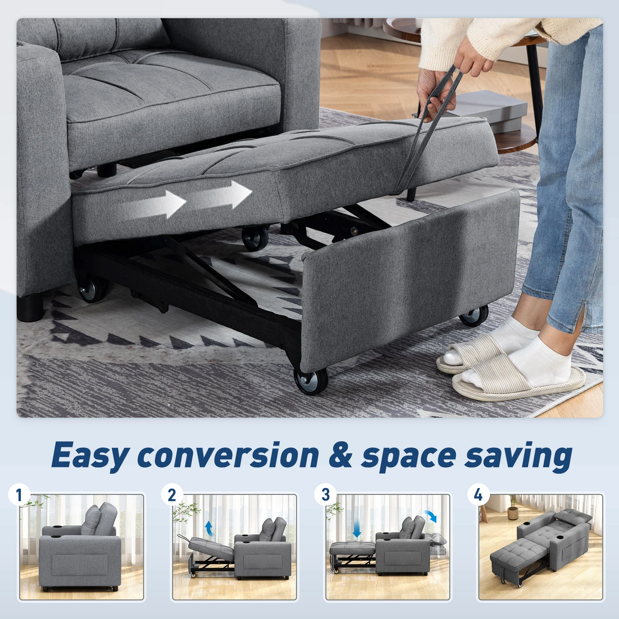 HOMCOM 3-in-1 Sofa Bed, Convertible Sleeper Chair With Adjustable Backrest - Image 3