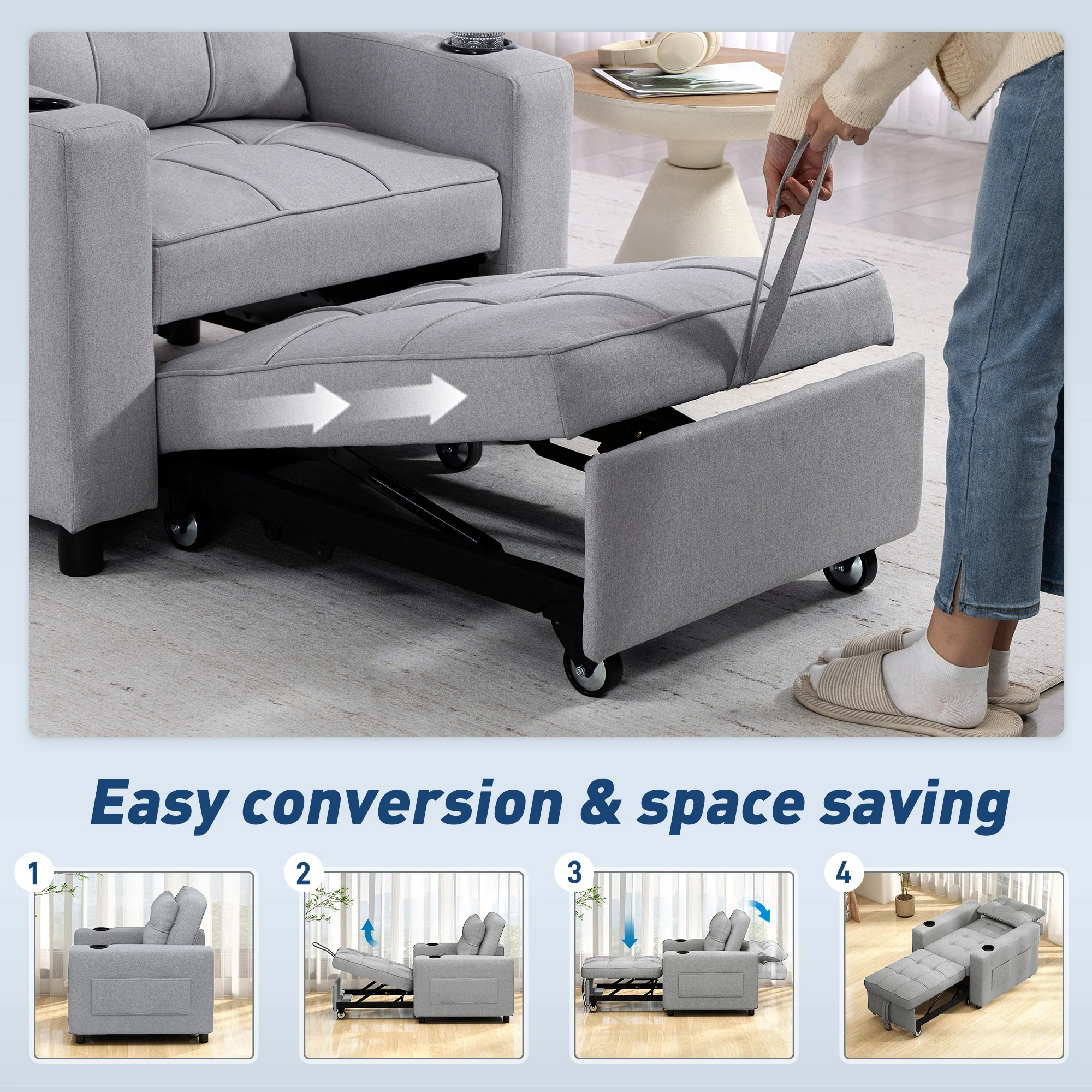 HOMCOM 3-in-1 Sofa Bed, Convertible Sleeper Chair With Adjustable Backrest - Image 3