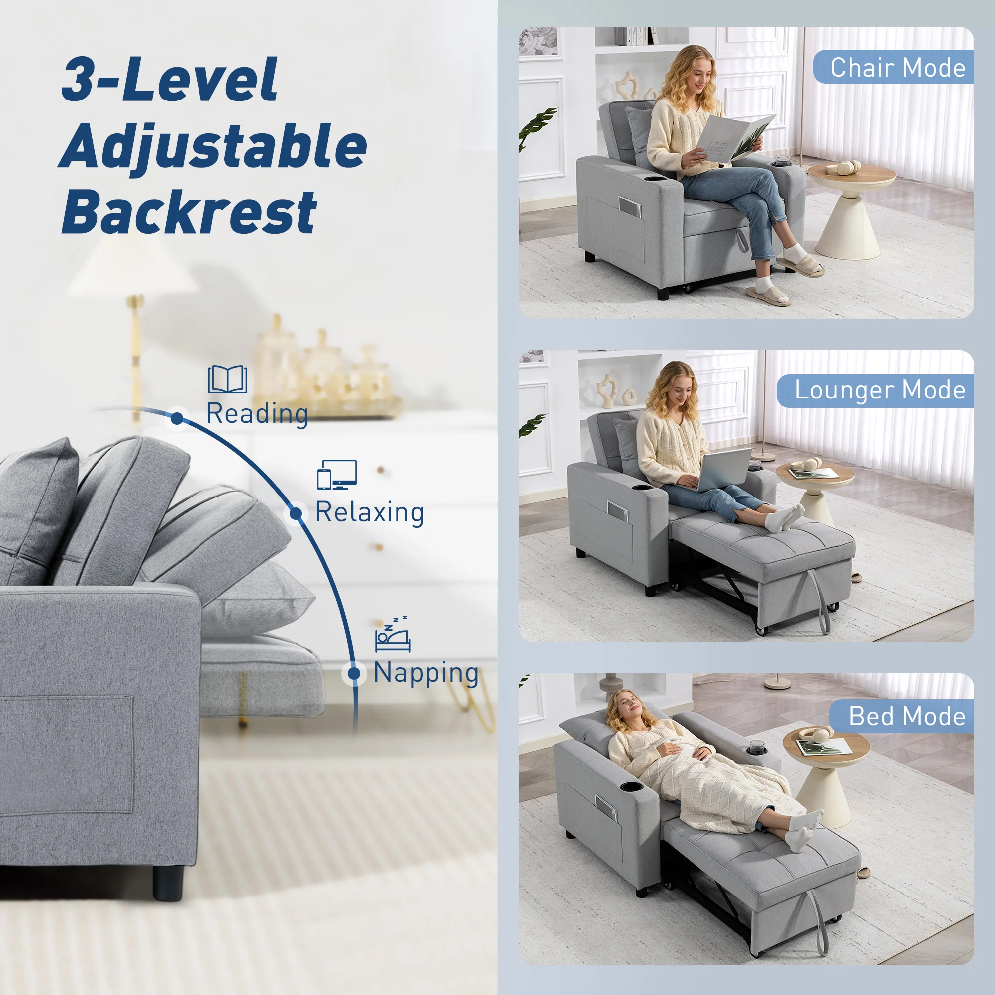 HOMCOM 3-in-1 Sofa Bed, Convertible Sleeper Chair With Adjustable Backrest - Image 4