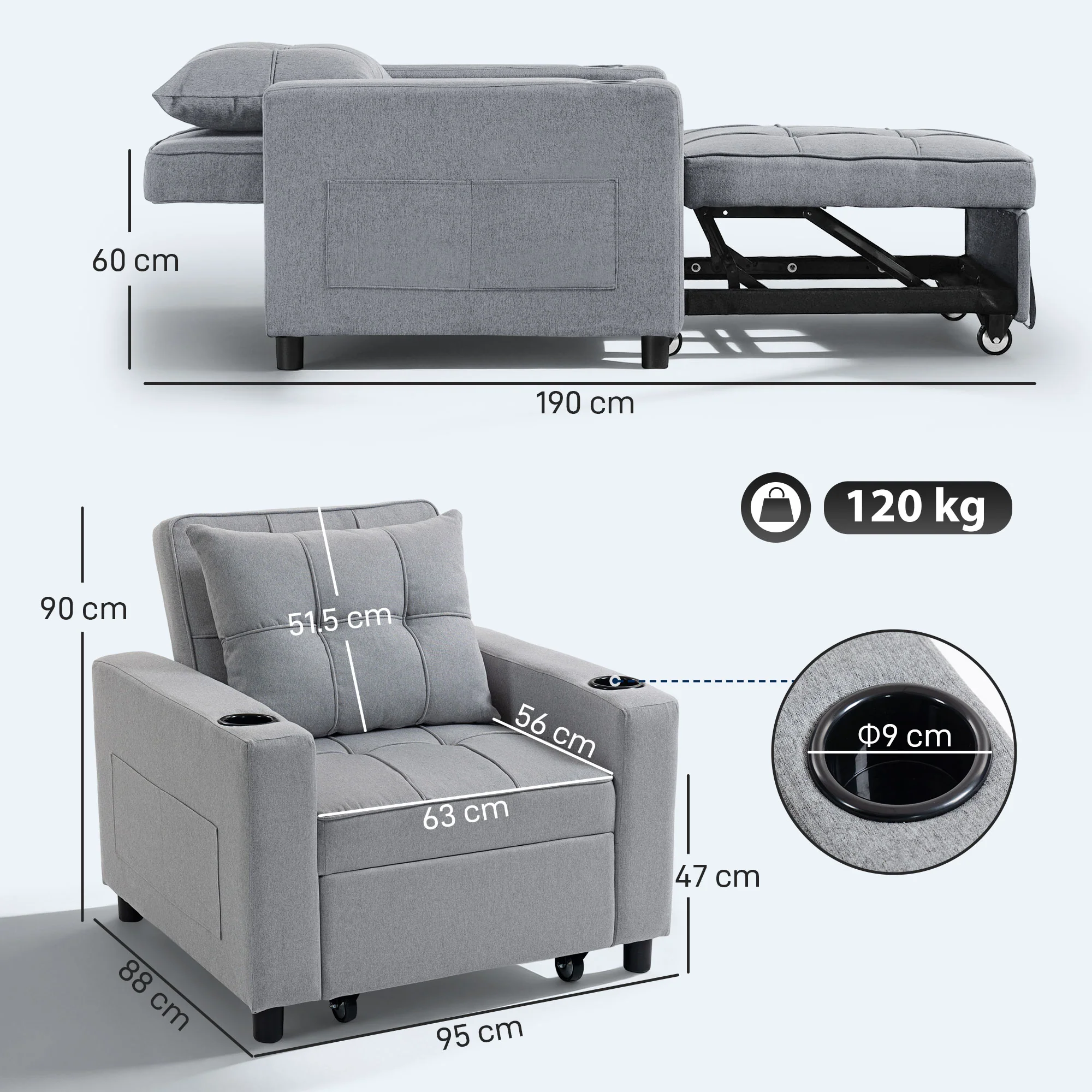 HOMCOM 3-in-1 Sofa Bed, Convertible Sleeper Chair With Adjustable Backrest - Image 5