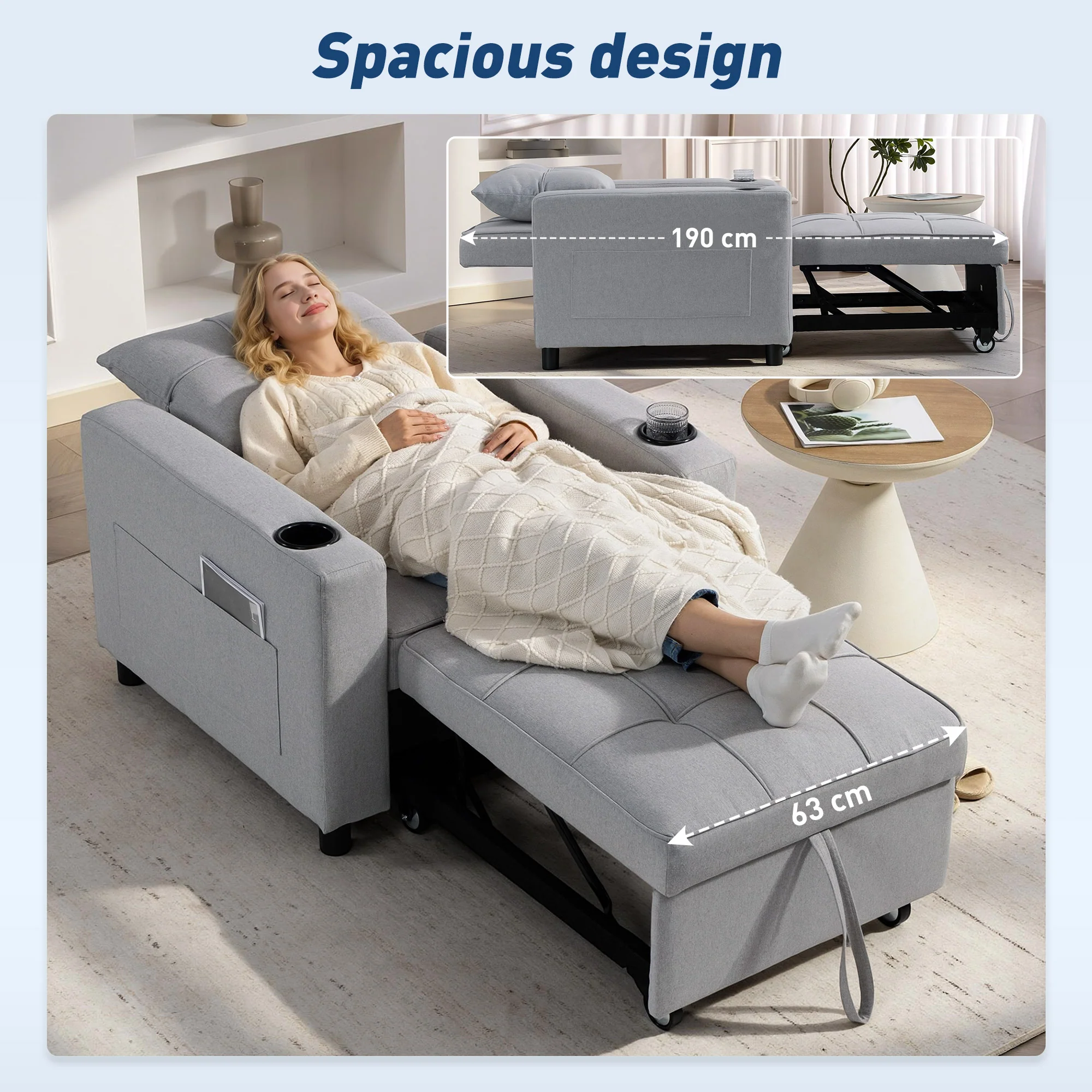 HOMCOM 3-in-1 Sofa Bed, Convertible Sleeper Chair With Adjustable Backrest - Image 6