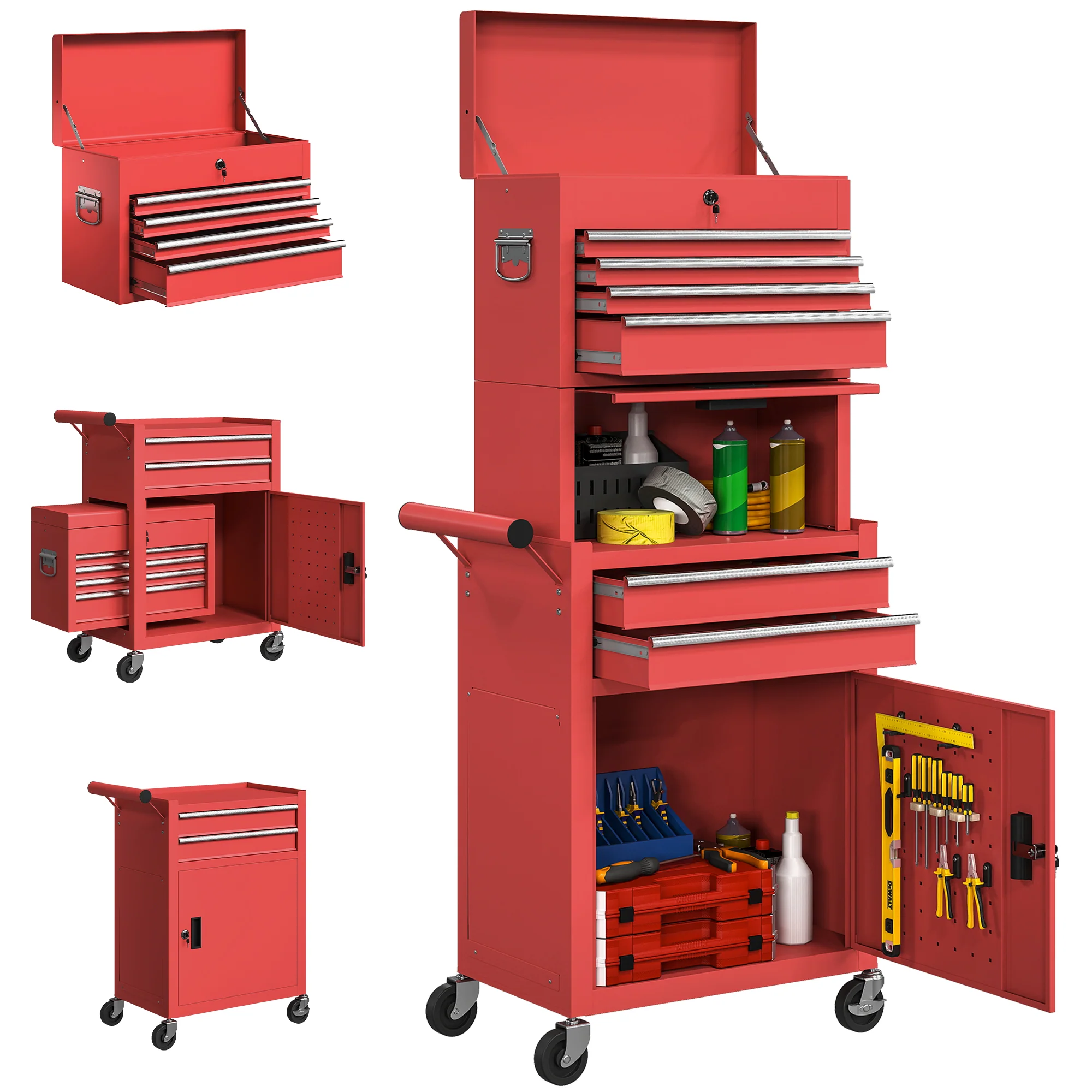 HOMCOM 3-in-1 Tool Cabinet with Wheels, Rolling Tool Chest with 6 Drawers