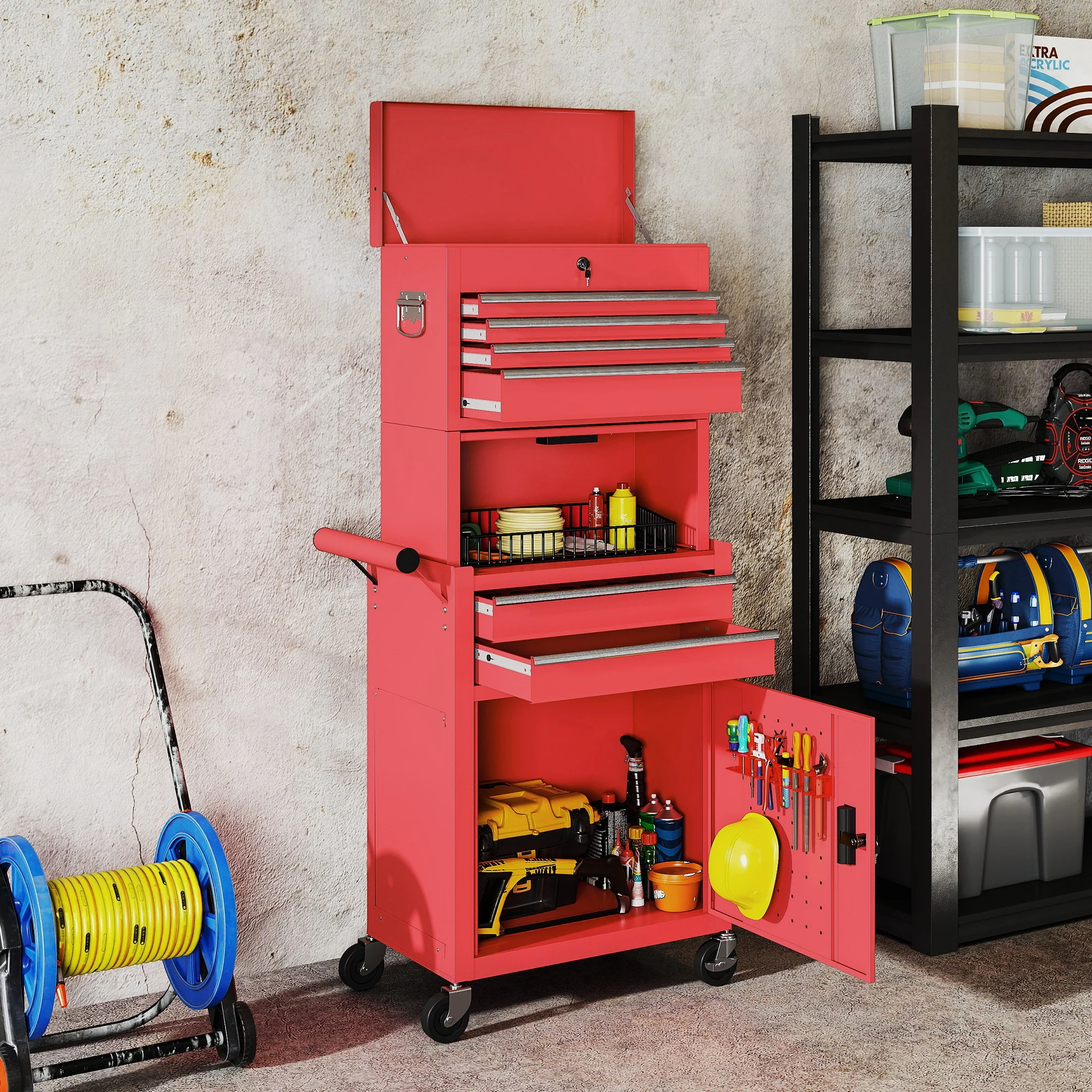 HOMCOM 3-in-1 Tool Cabinet with Wheels, Rolling Tool Chest with 6 Drawers - Image 2