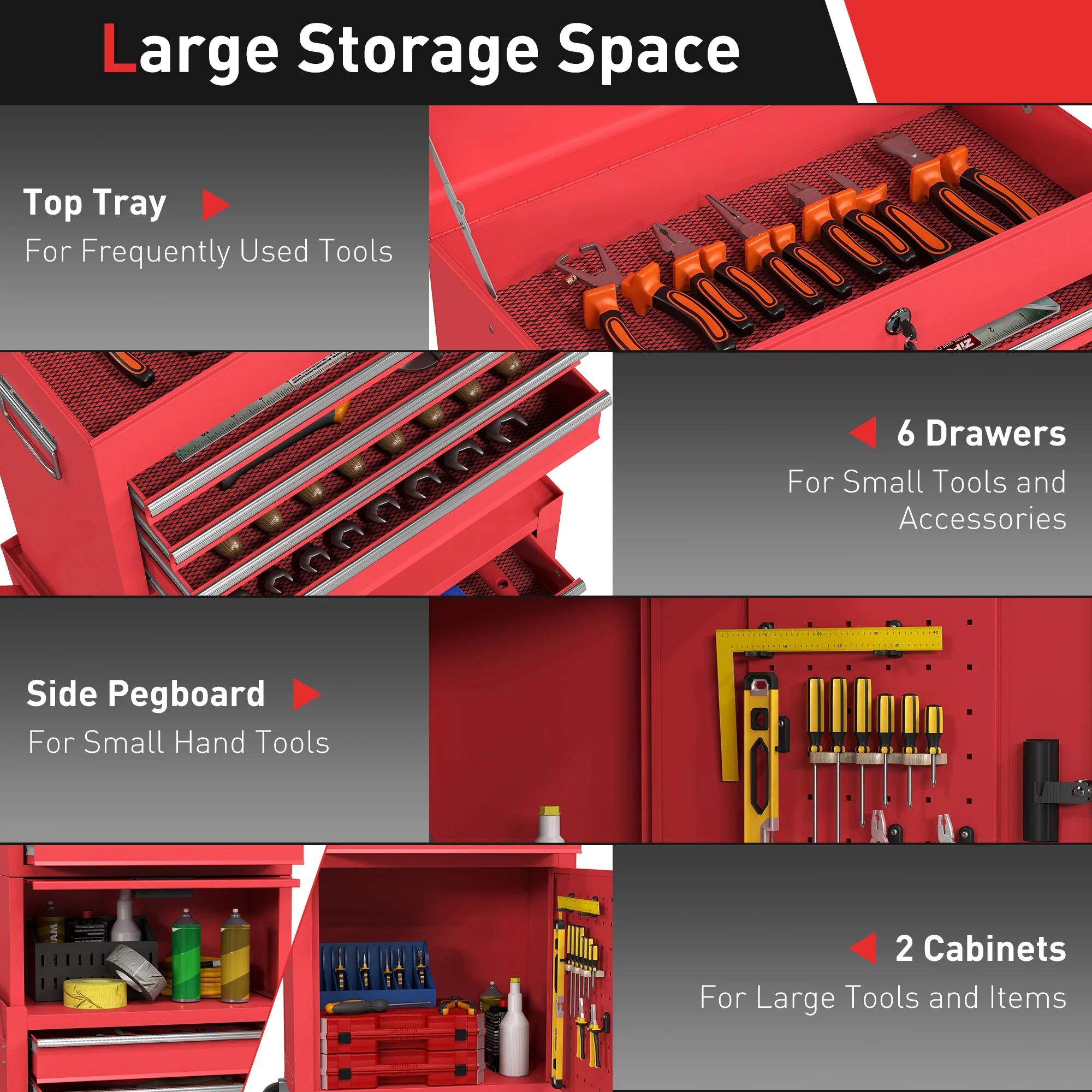 HOMCOM 3-in-1 Tool Cabinet with Wheels, Rolling Tool Chest with 6 Drawers - Image 3