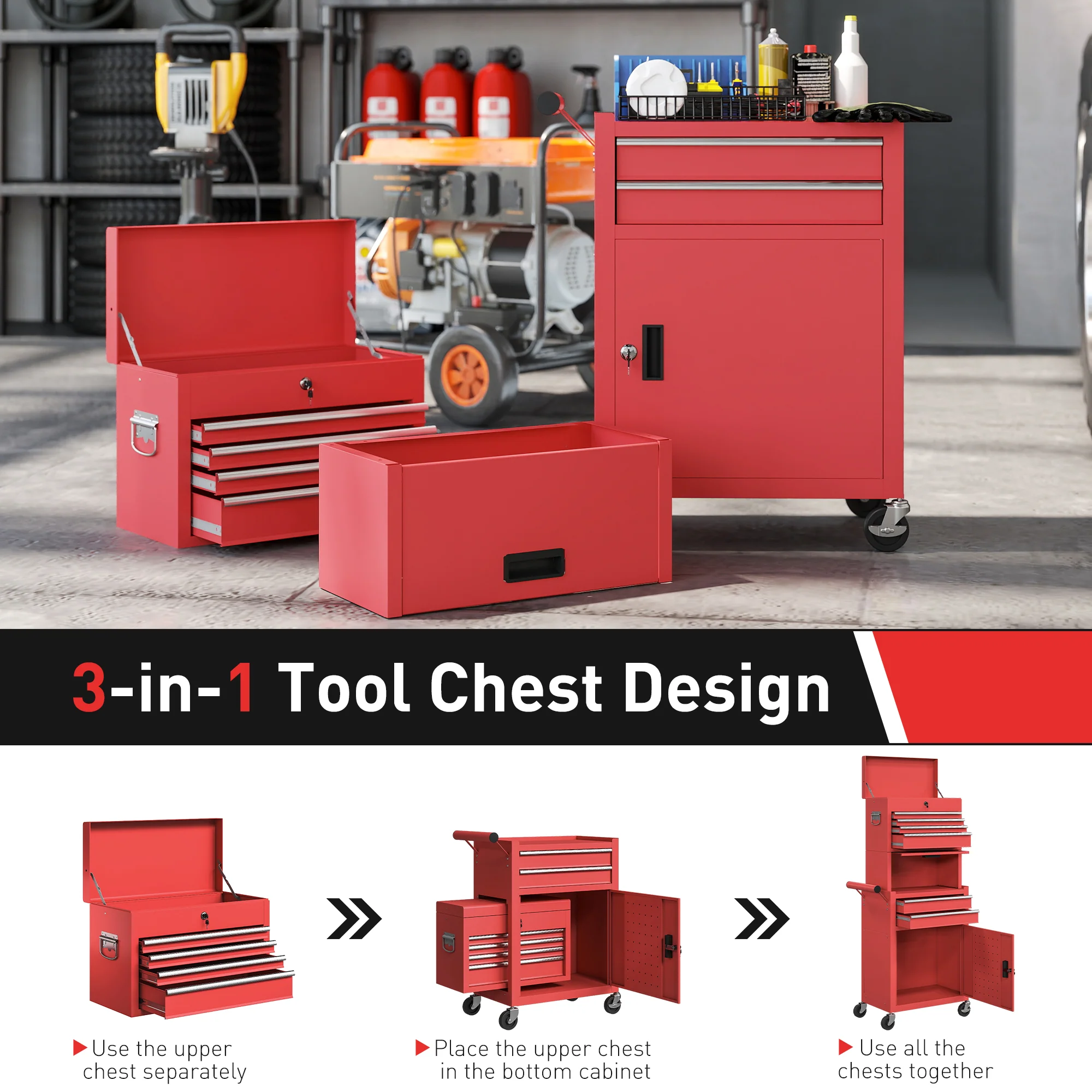 HOMCOM 3-in-1 Tool Cabinet with Wheels, Rolling Tool Chest with 6 Drawers - Image 4
