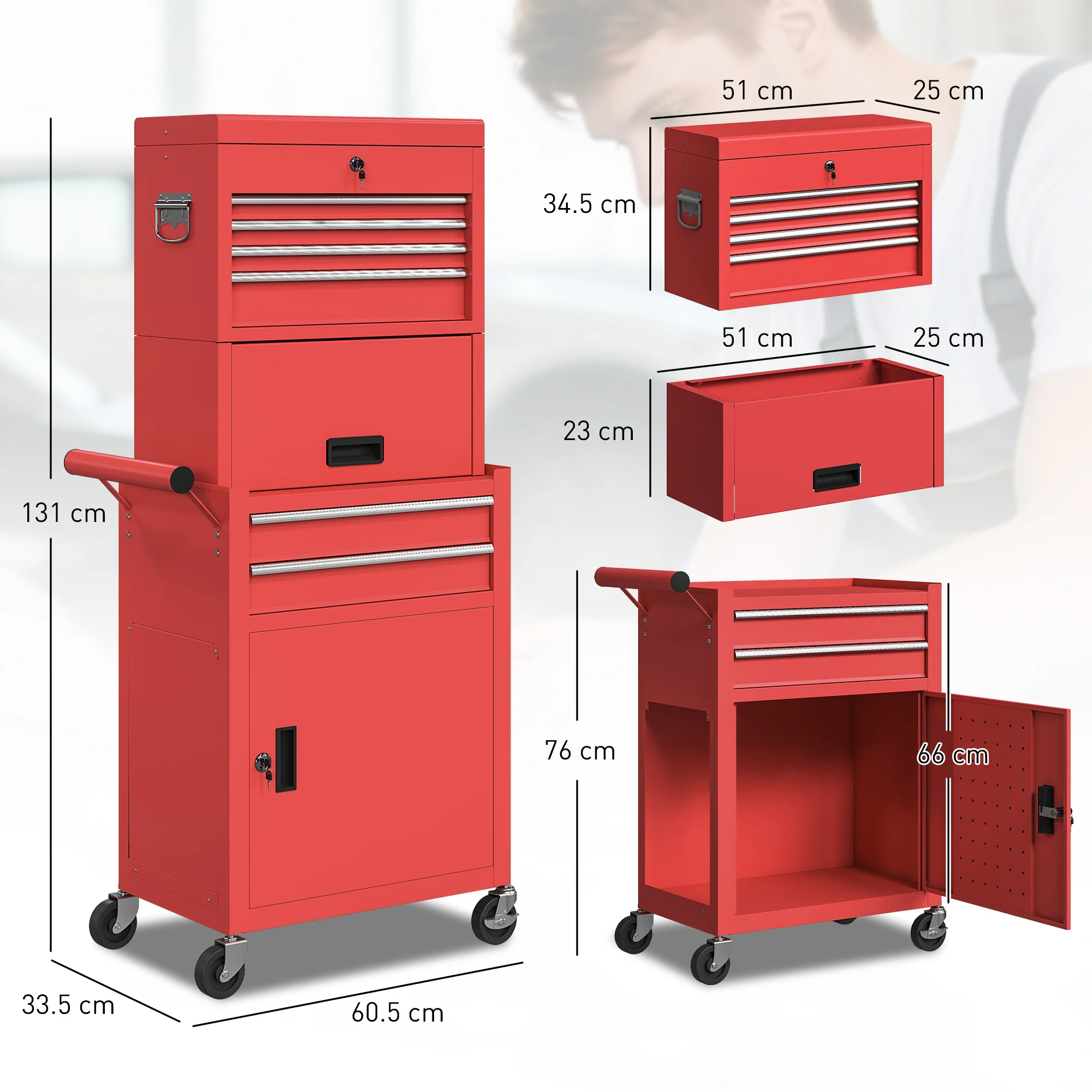 HOMCOM 3-in-1 Tool Cabinet with Wheels, Rolling Tool Chest with 6 Drawers - Image 5