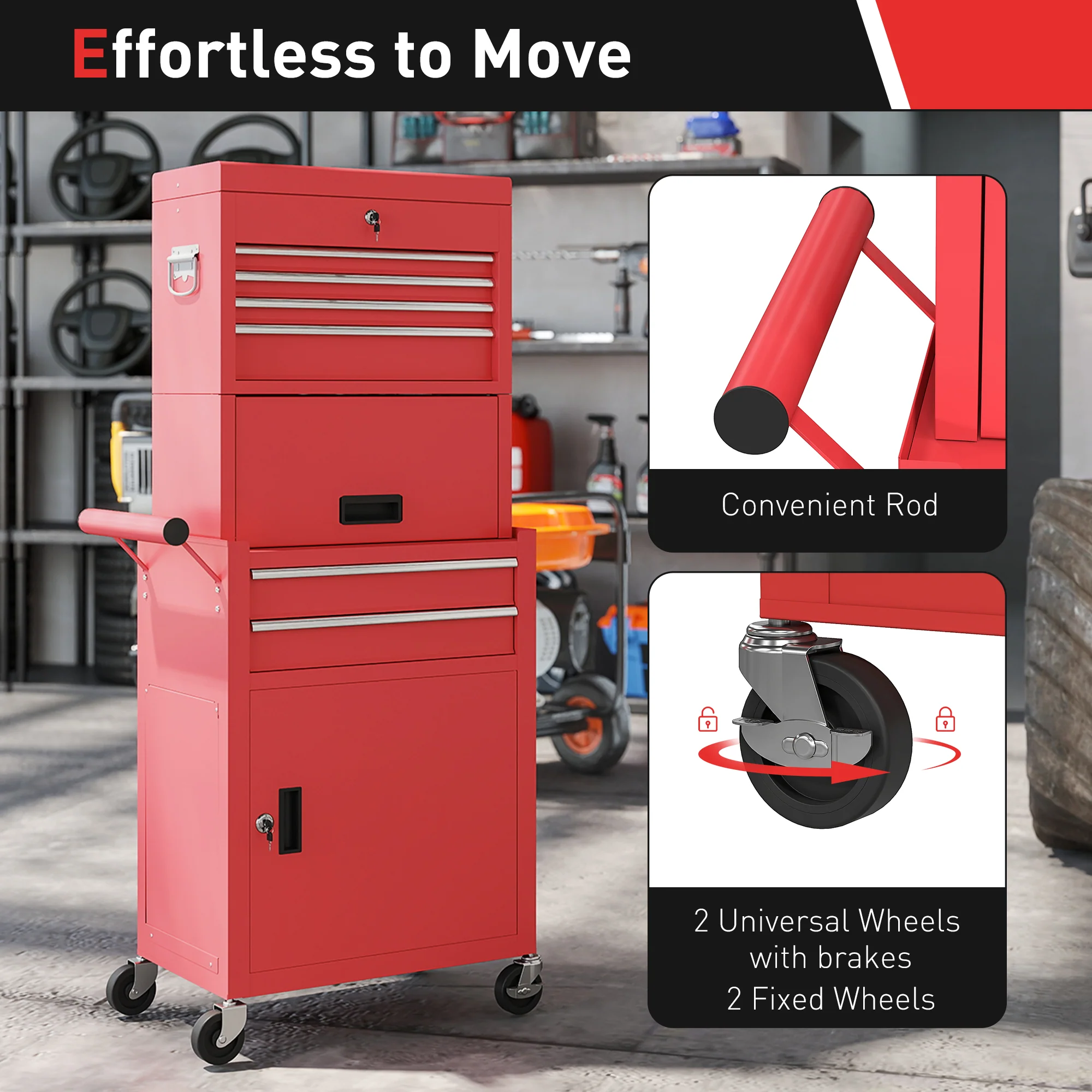 HOMCOM 3-in-1 Tool Cabinet with Wheels, Rolling Tool Chest with 6 Drawers - Image 6